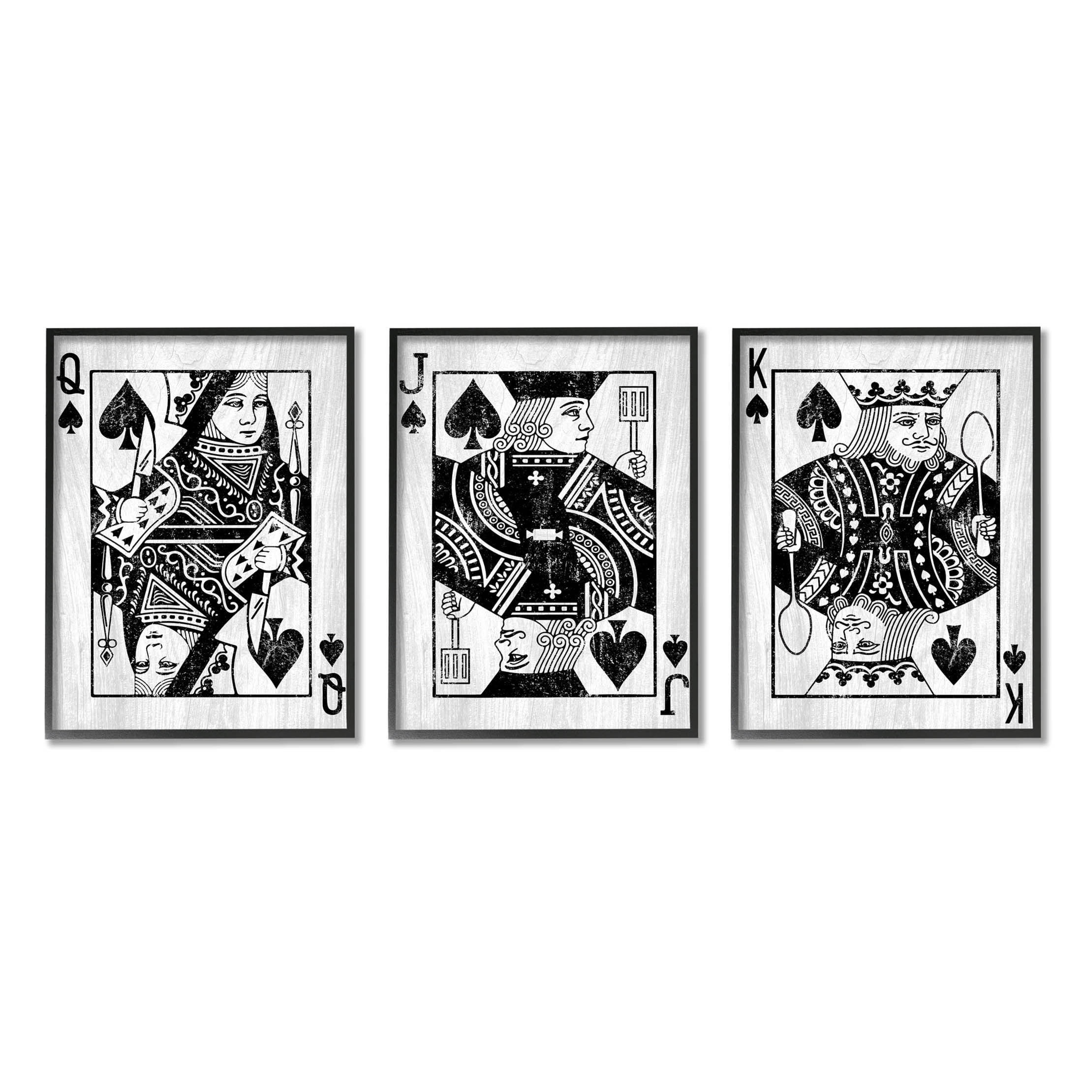 Stupell Industries Queen Jack King Spade Cards Graphic Art Black Framed Art Print Wall Art, Set of 3, Design by Lil' Rue