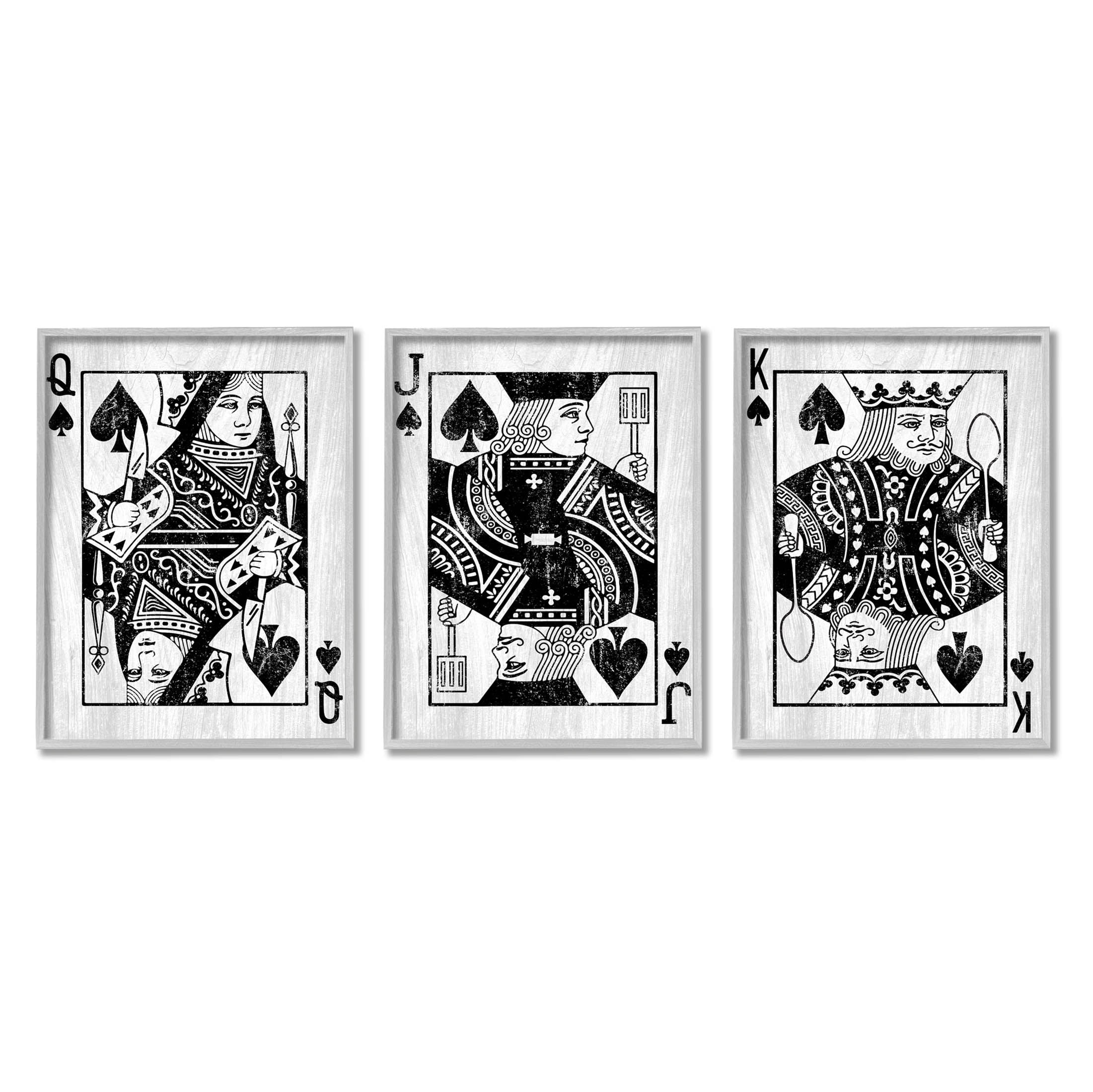 Stupell Industries Queen Jack King Spade Cards Graphic Art Gray Framed Art Print Wall Art, Set of 3, Design by Lil' Rue