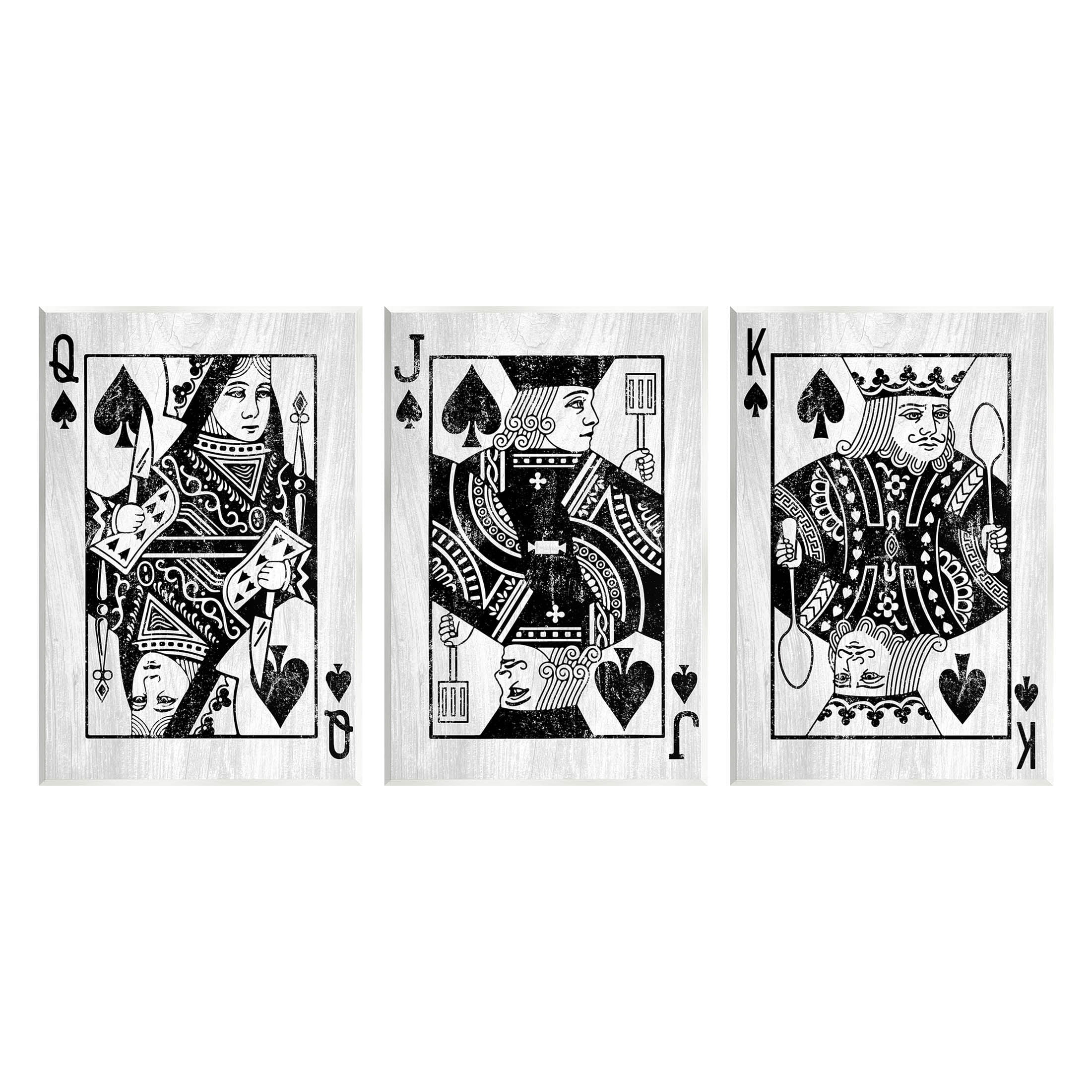 Queen Jack King Spade Cards Black and White MDF Wall Art Set