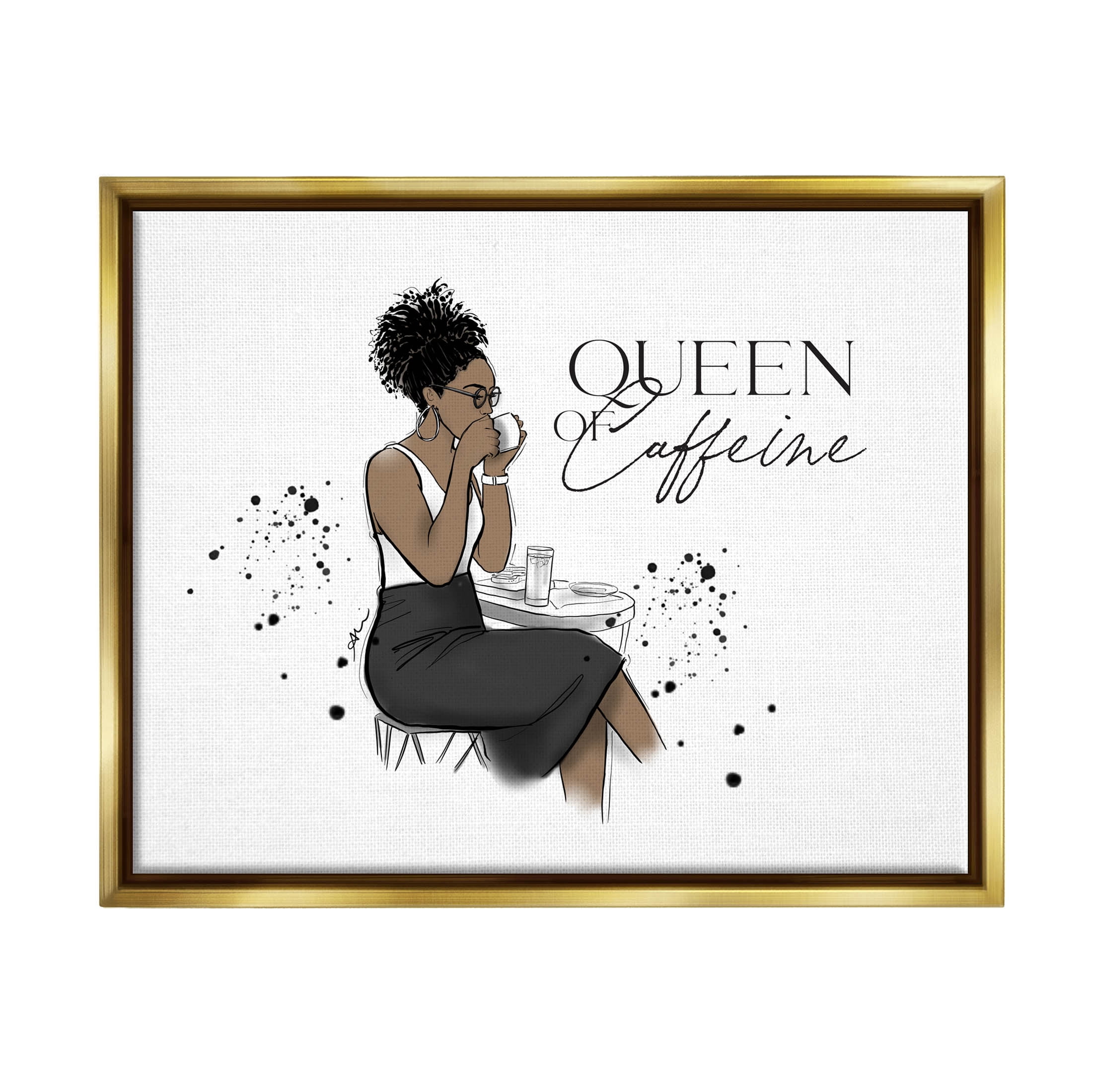 Stupell Industries Queen Of Caffeine Girl Graphic Art Metallic Gold Floating Framed Canvas Print Wall Art, Design by Alison Petrie
