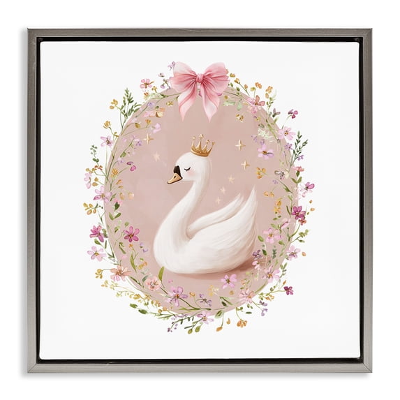 Stupell Industries Shabby Chic Queen Swan with Florals Gray Floating Frame Canvas Art, 18 x 18, by Christine Simpson Art