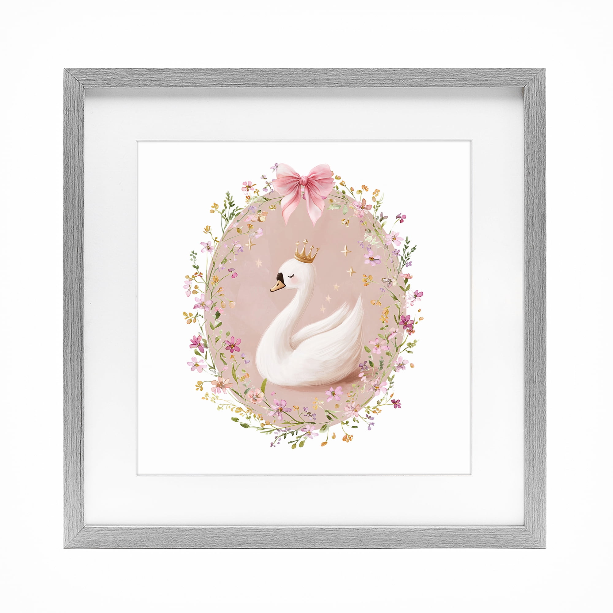 Stupell Industries Queen Swan with Florals Gray Framed Print Under Glass, design by Christine Simpson Art