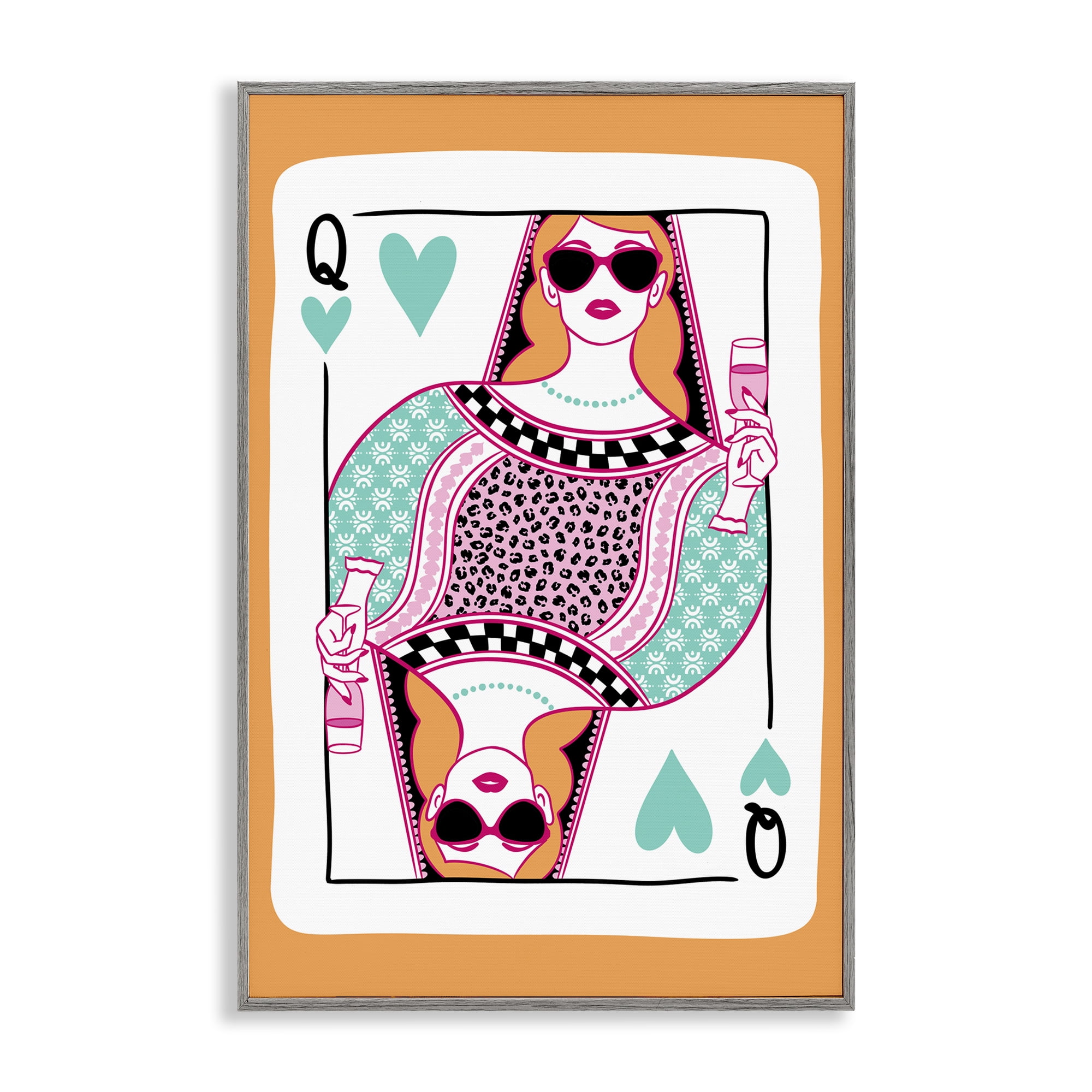 Stupell Industries Queen of Hearts & Drink Entertainment Painting Gray Framed Art Print Wall Art, 20 x 30