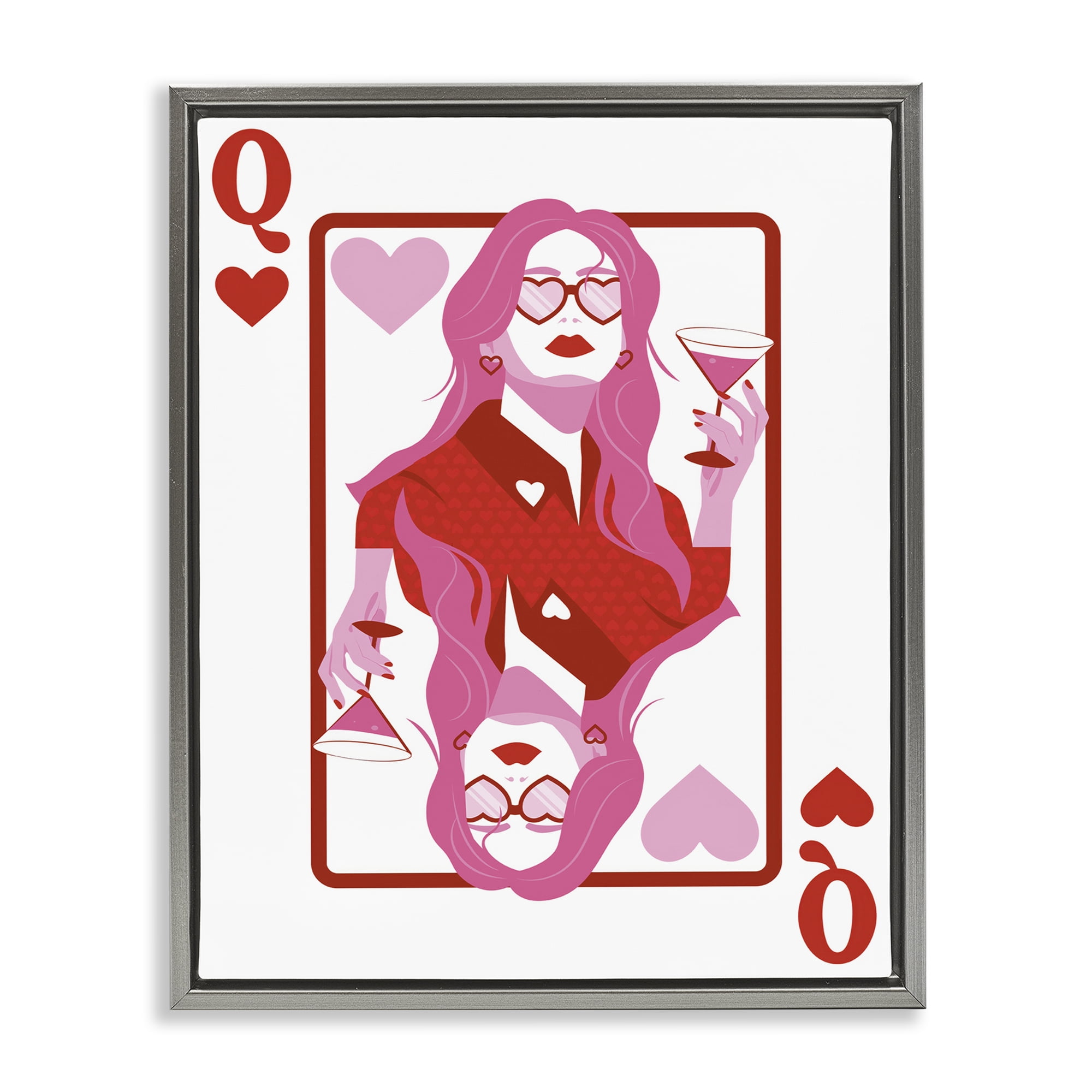 Stupell Industries Queen of Hearts Girl Entertainment Painting Gray Floater Framed Canvas Art Print Wall Art, 17 x 21