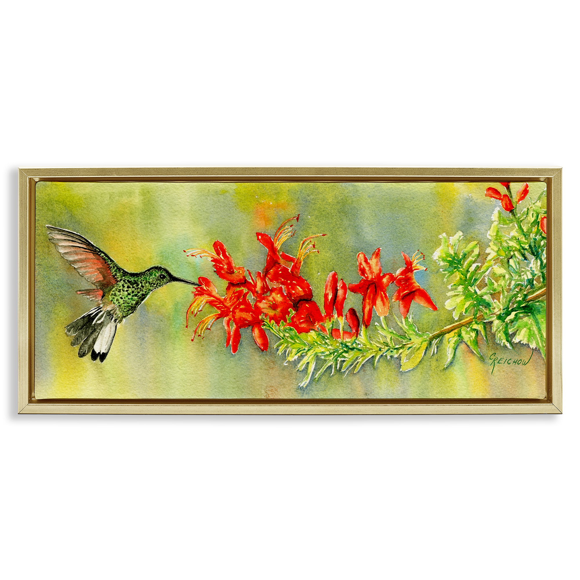 Stupell Industries Quick Sip Hummingbird Animals & Insects Painting Gold Floater Framed Canvas Art Print Wall Art, 25 x 11
