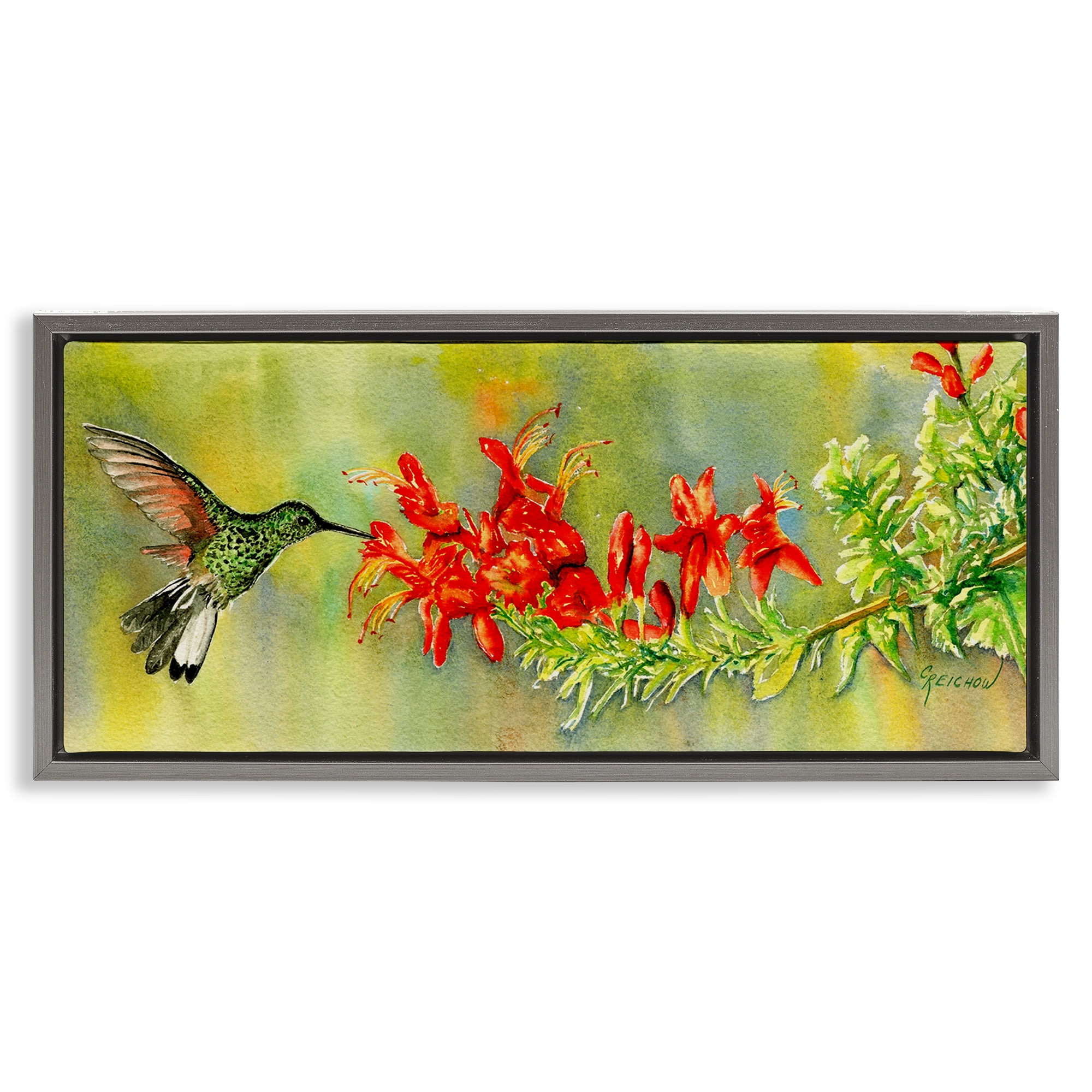Stupell Industries Quick Sip Hummingbird Animals & Insects Painting Gray Floater Framed Canvas Art Print Wall Art, 31 x 14