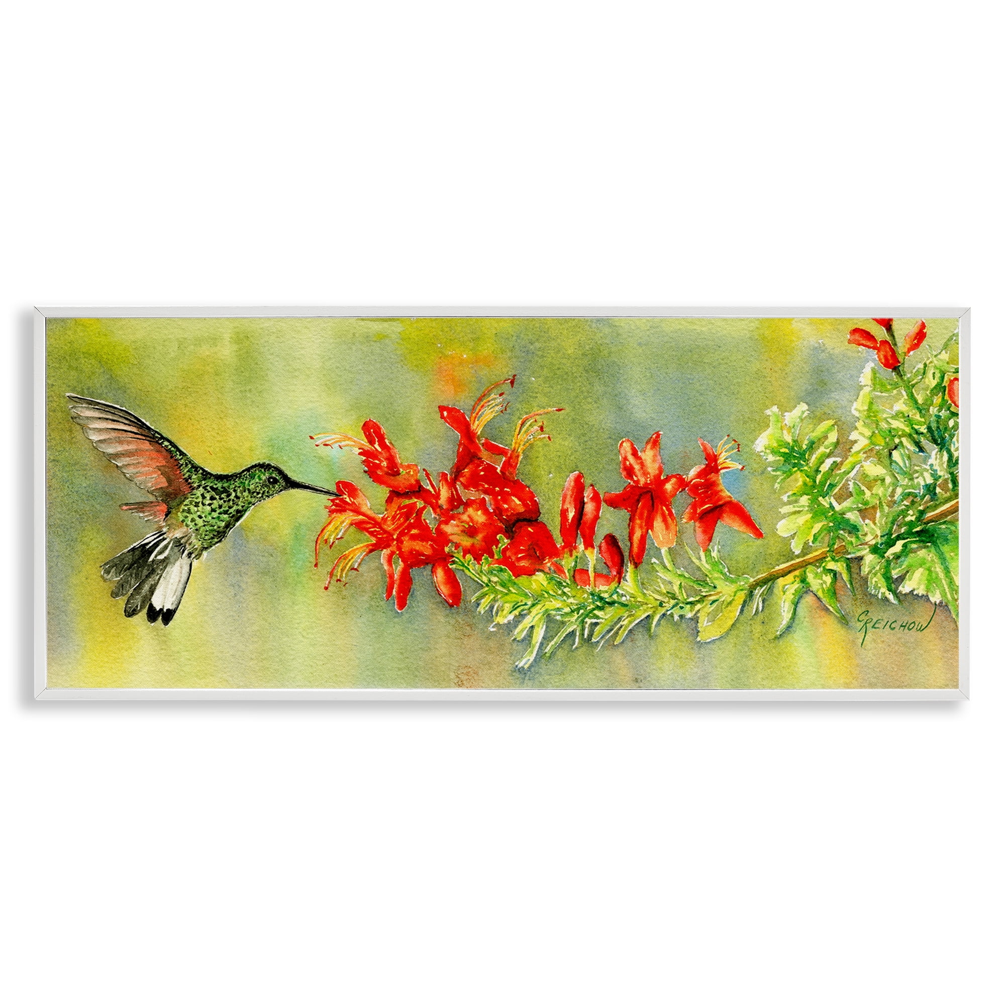 Stupell Industries Quick Sip Hummingbird Animals & Insects Painting White Framed Art Print Wall Art, 24 x 10