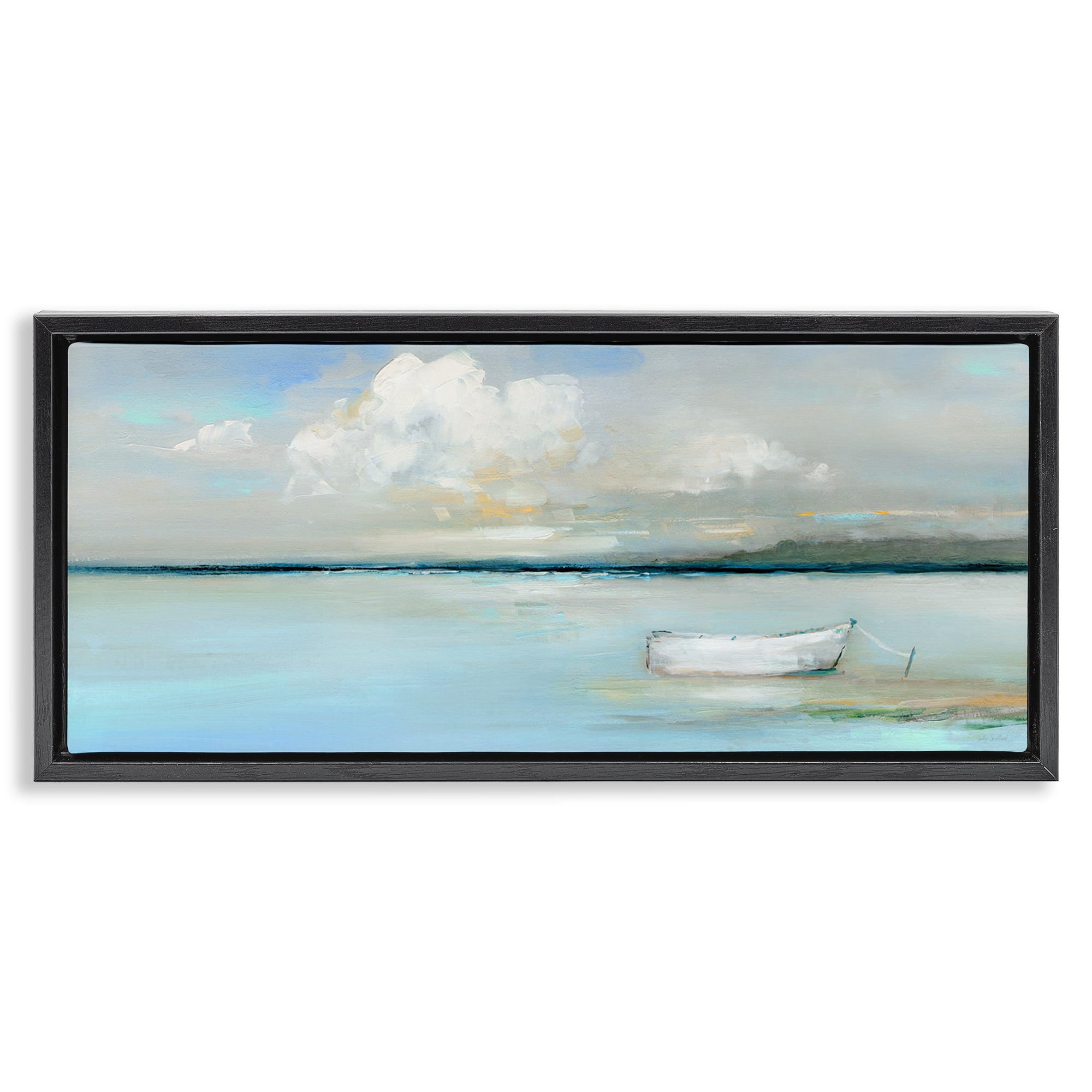 Stupell Industries Quiet Boat Docked Landscape Painting Black Floater Framed Canvas Art Print Wall Art, 31 x 14