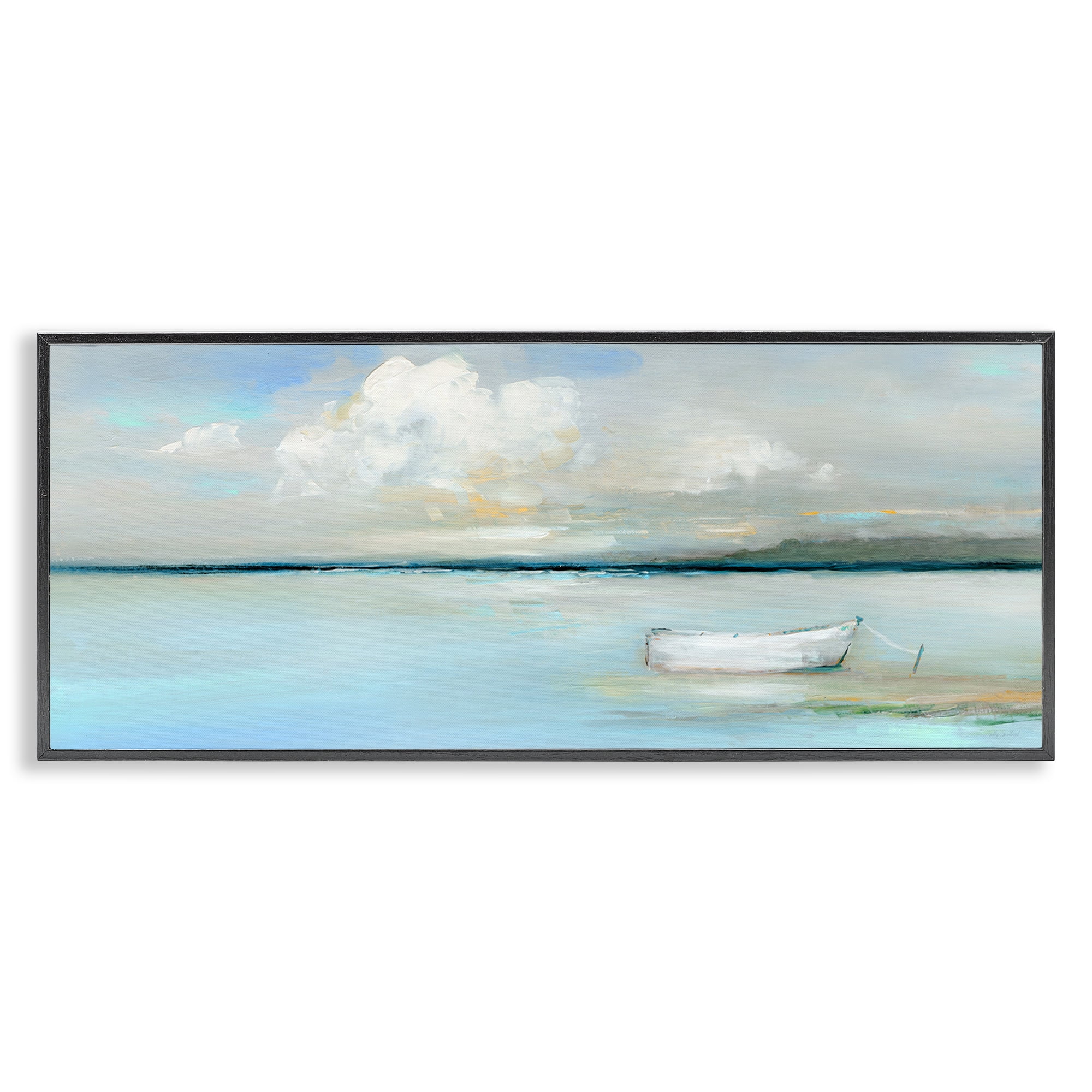 Stupell Industries Quiet Boat Docked Landscape Painting Black Framed Art Print Wall Art, 24 x 10