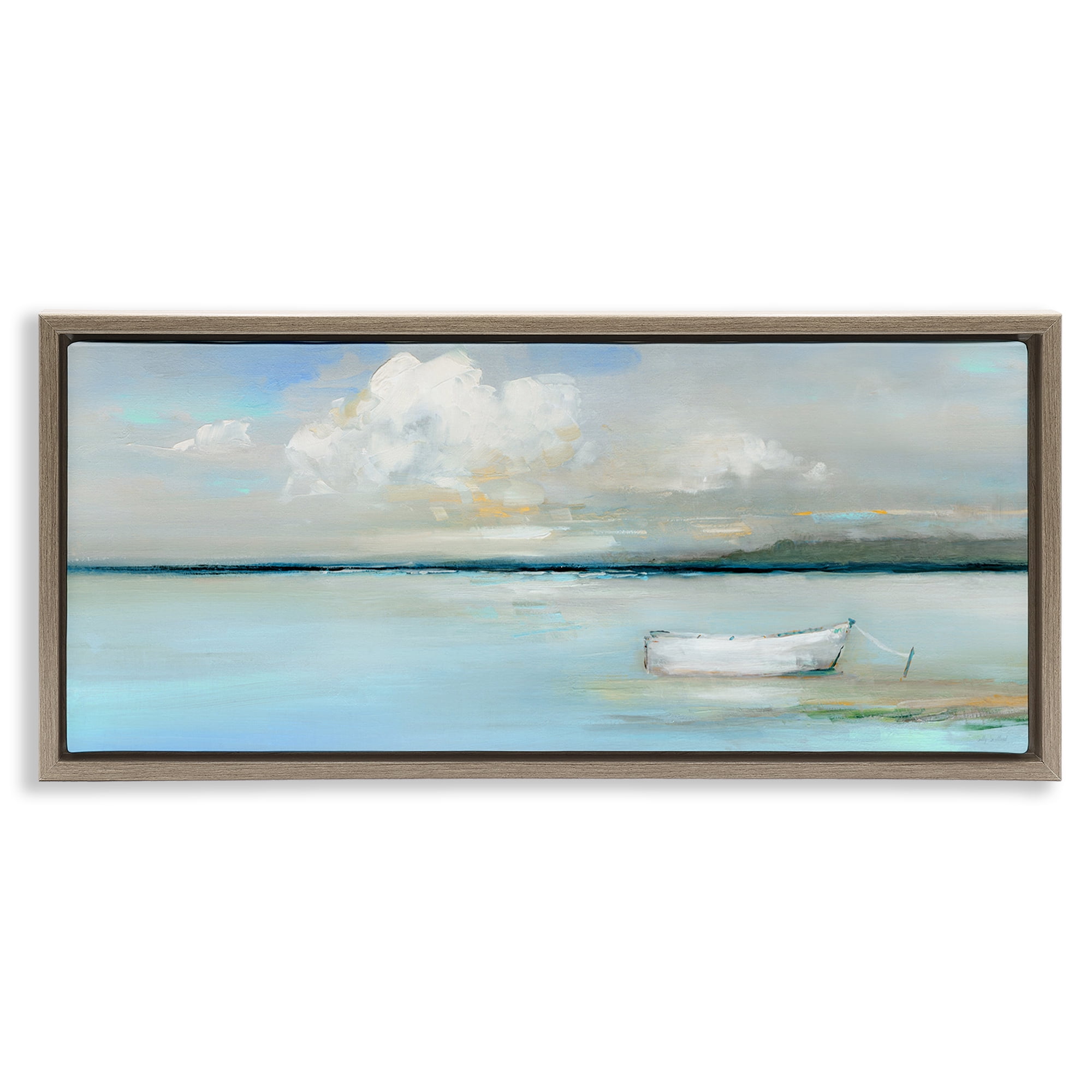 Stupell Industries Quiet Boat Docked Landscape Painting Brown Floater Framed Canvas Art Print Wall Art, 31 x 14