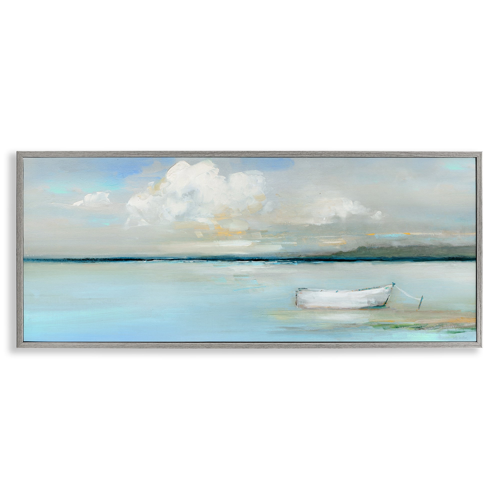 Stupell Industries Quiet Boat Docked Landscape Painting Gray Framed Art Print Wall Art, 30 x 13