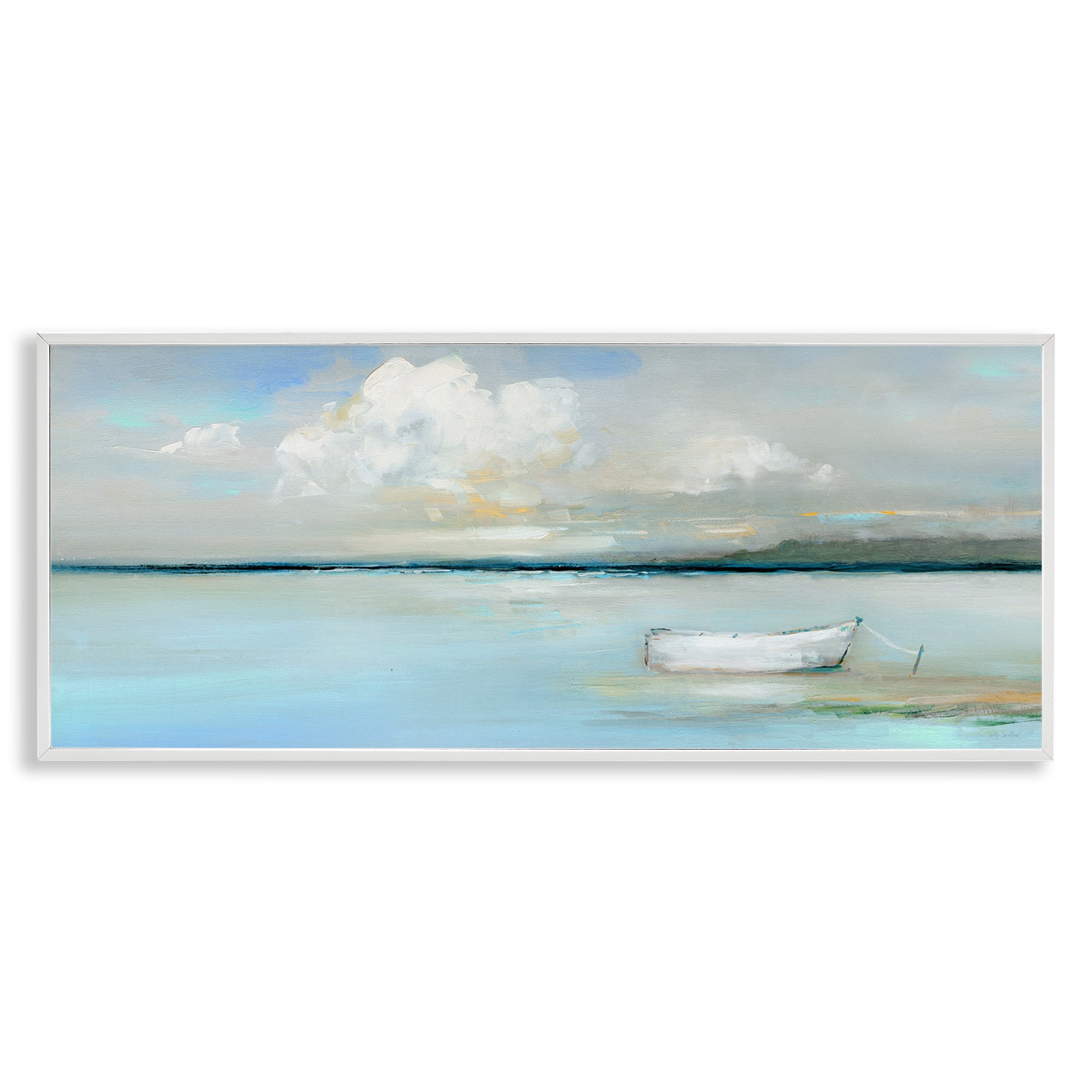 Stupell Industries Quiet Boat Docked Landscape Painting White Framed Art Print Wall Art, 24 x 10