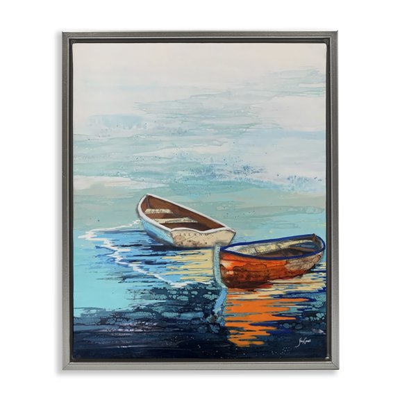 Stupell Industries Contemporary Quiet Boats Drifting Vivid Ocean Surface Reflection Gray Floating Frame Canvas Art, 25 x 31, by Stacy Gresell