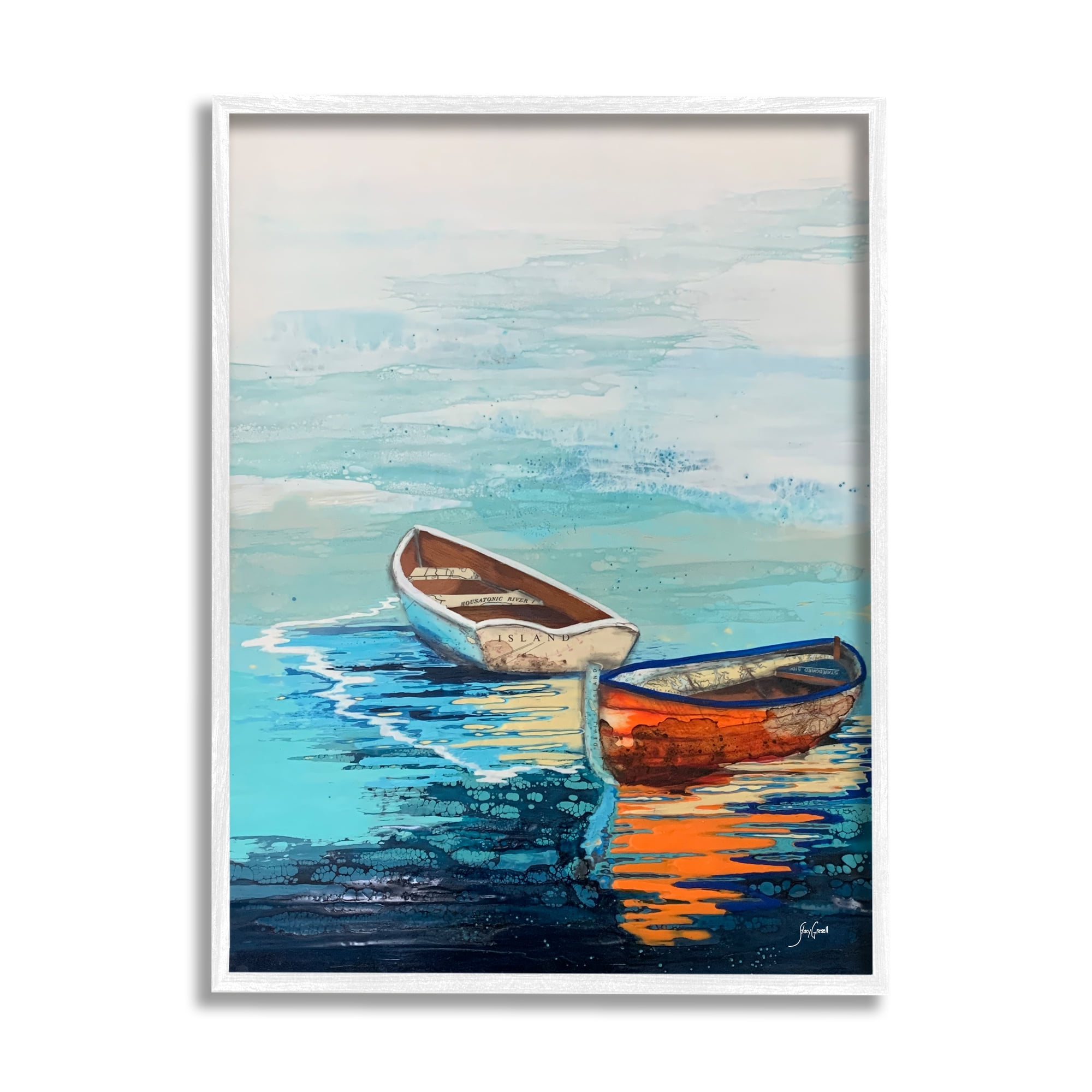 Stupell Industries Quiet Boats Drifting Vivid Ocean Surface Reflection Painting White Framed Art Print Wall Art, Design by Stacy Gresell