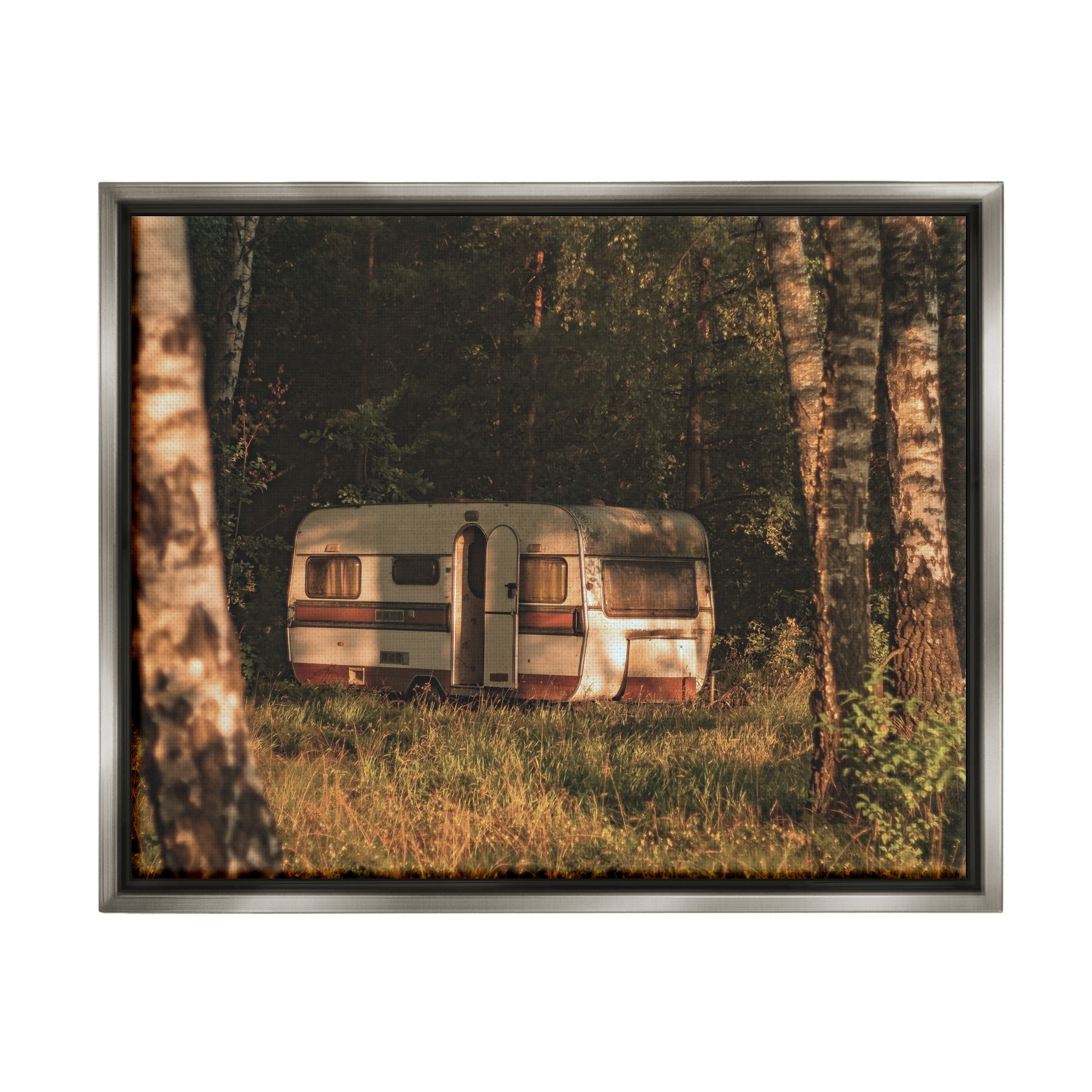 Stupell Industries Quiet Camper Van Deep Woodland Forest Clearing Photograph Luster Gray Floating Framed Canvas Print Wall Art, Design by Daphne Polselli