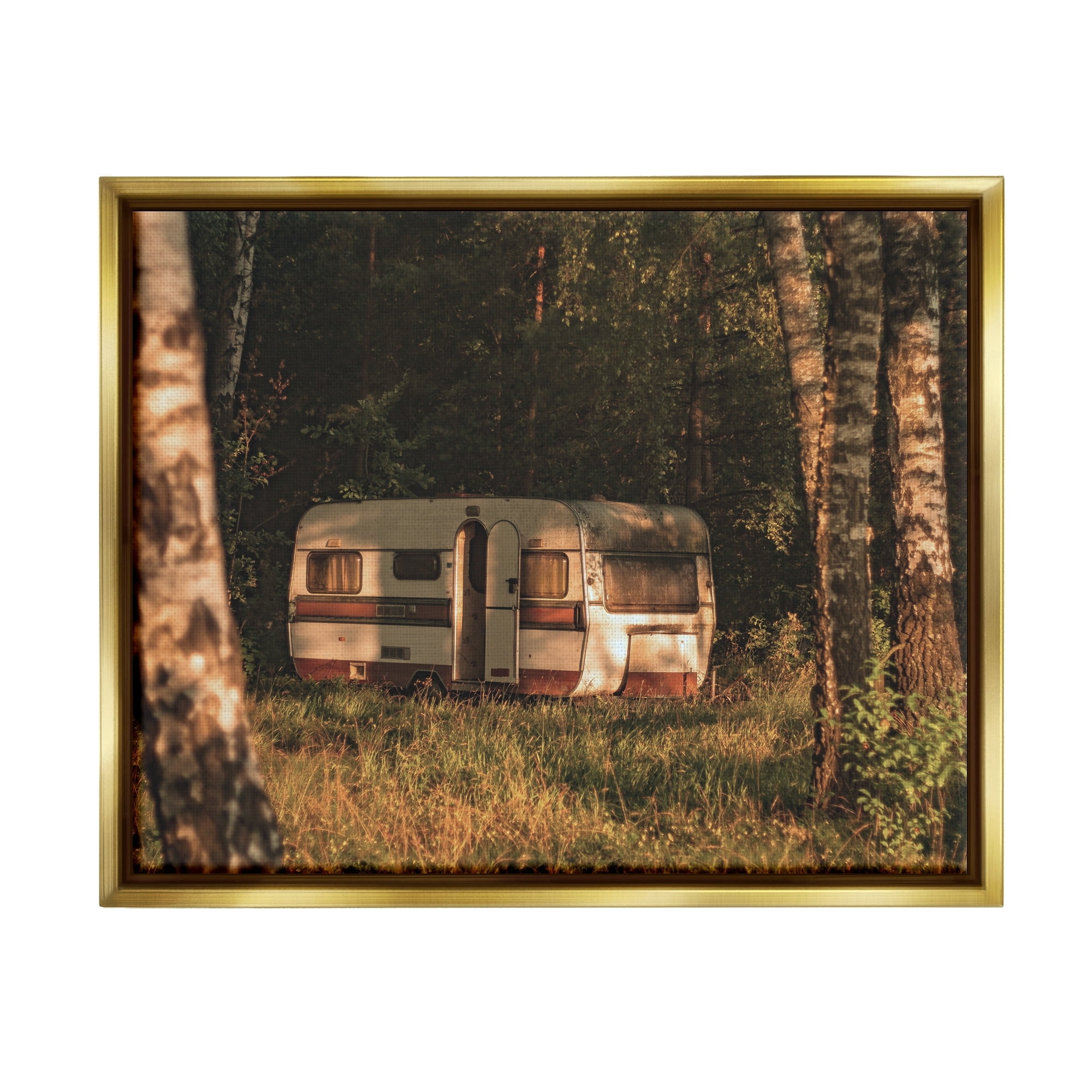 Stupell Industries Quiet Camper Van Deep Woodland Forest Clearing Photograph Metallic Gold Floating Framed Canvas Print Wall Art, Design by Daphne Polselli