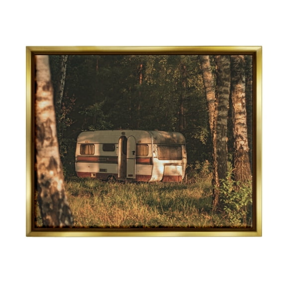 Stupell Industries Quiet Camper Van Deep Woodland Forest Clearing Photograph Metallic Gold Floating Framed Canvas Print Wall Art, Design by Daphne Polselli