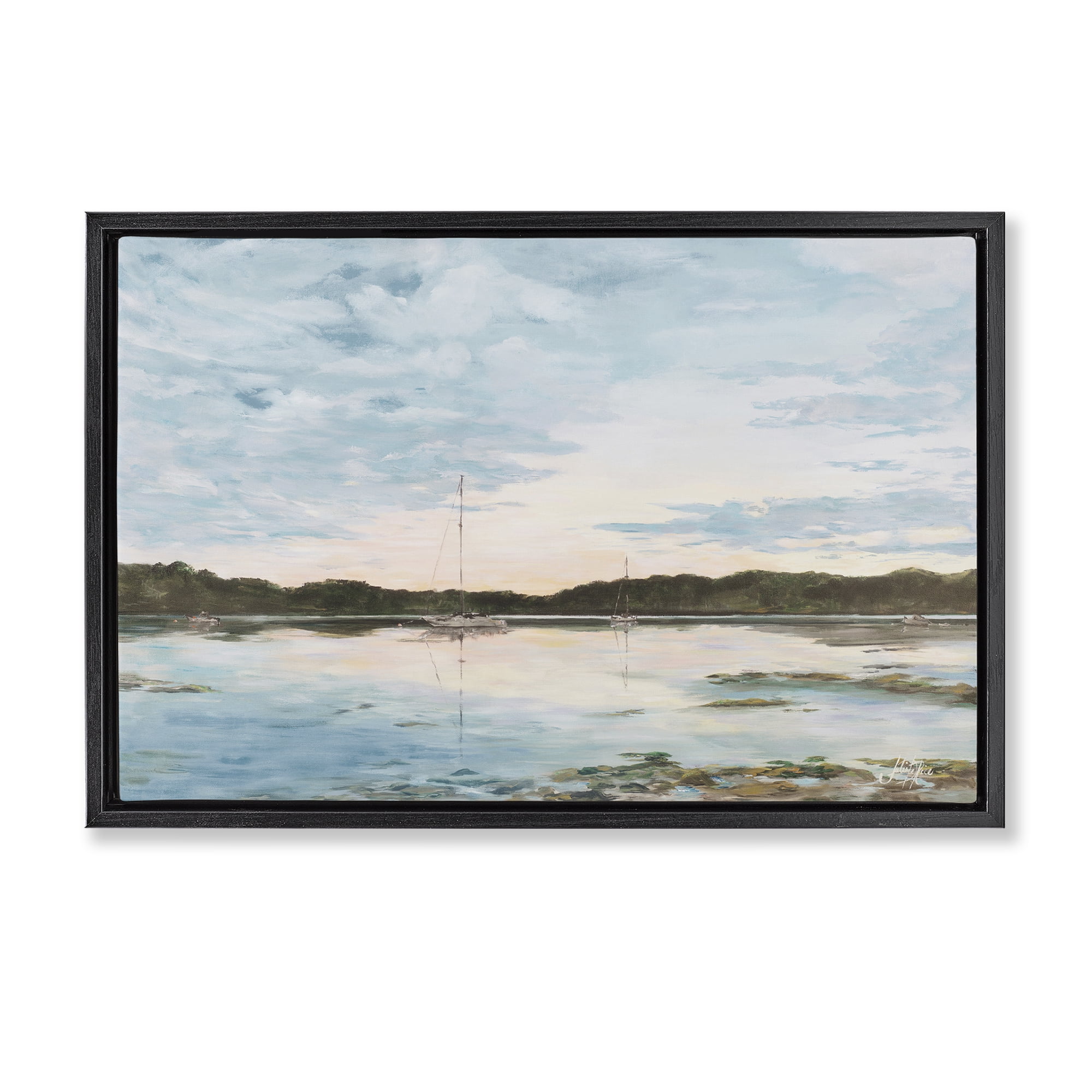 Stupell Industries Quiet Day on Lake Landscape Painting Black Floater Framed Canvas Art Print Wall Art, 31 x 21