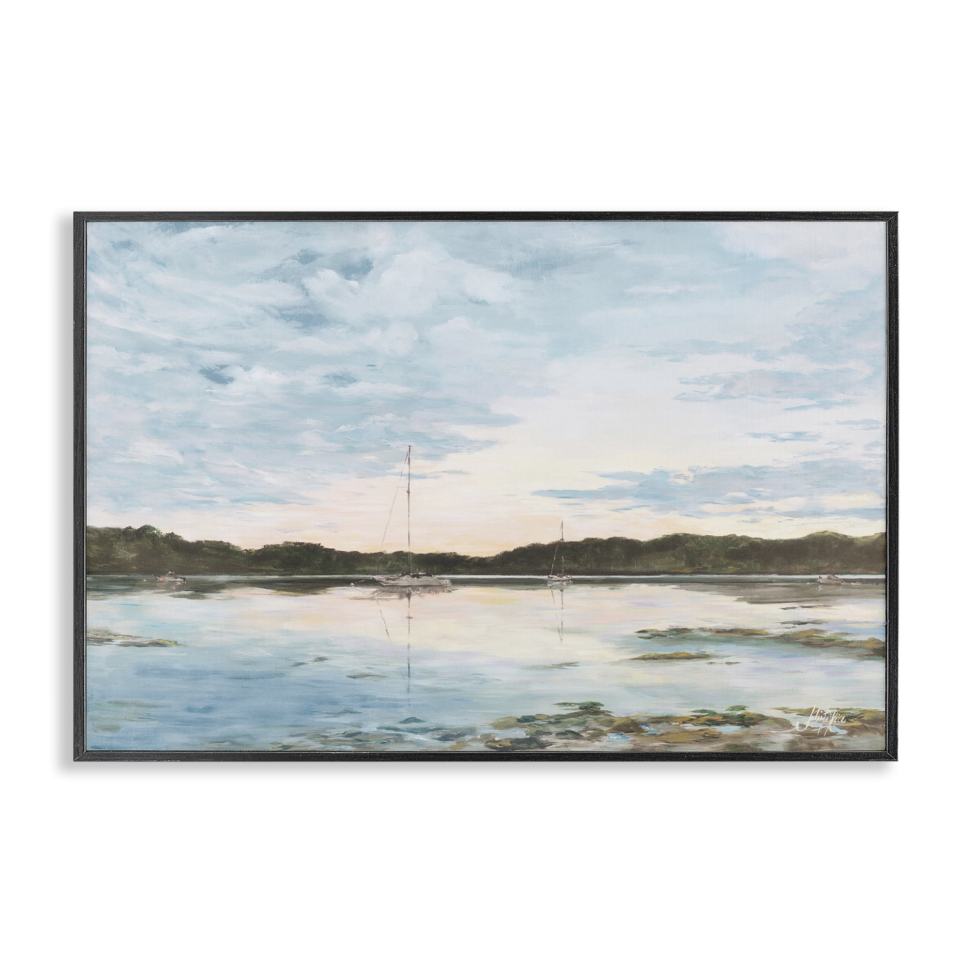 Stupell Industries Quiet Day on Lake Landscape Painting Black Framed Art Print Wall Art, 30 x 20