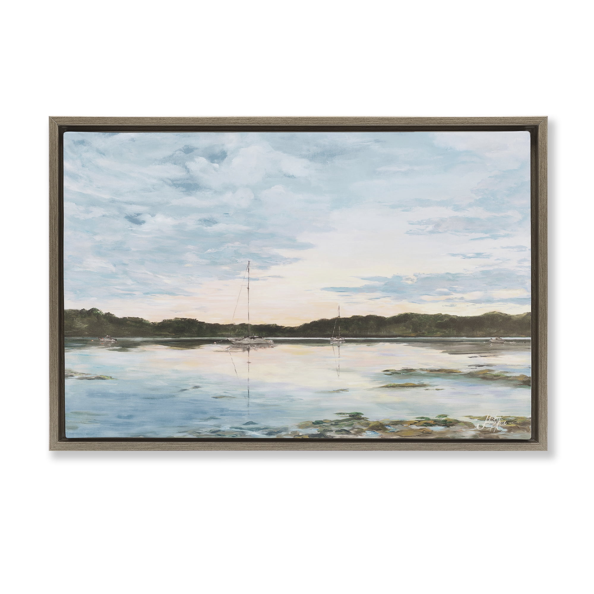 Stupell Industries Quiet Day on Lake Landscape Painting Brown Floater Framed Canvas Art Print Wall Art, 25 x 17