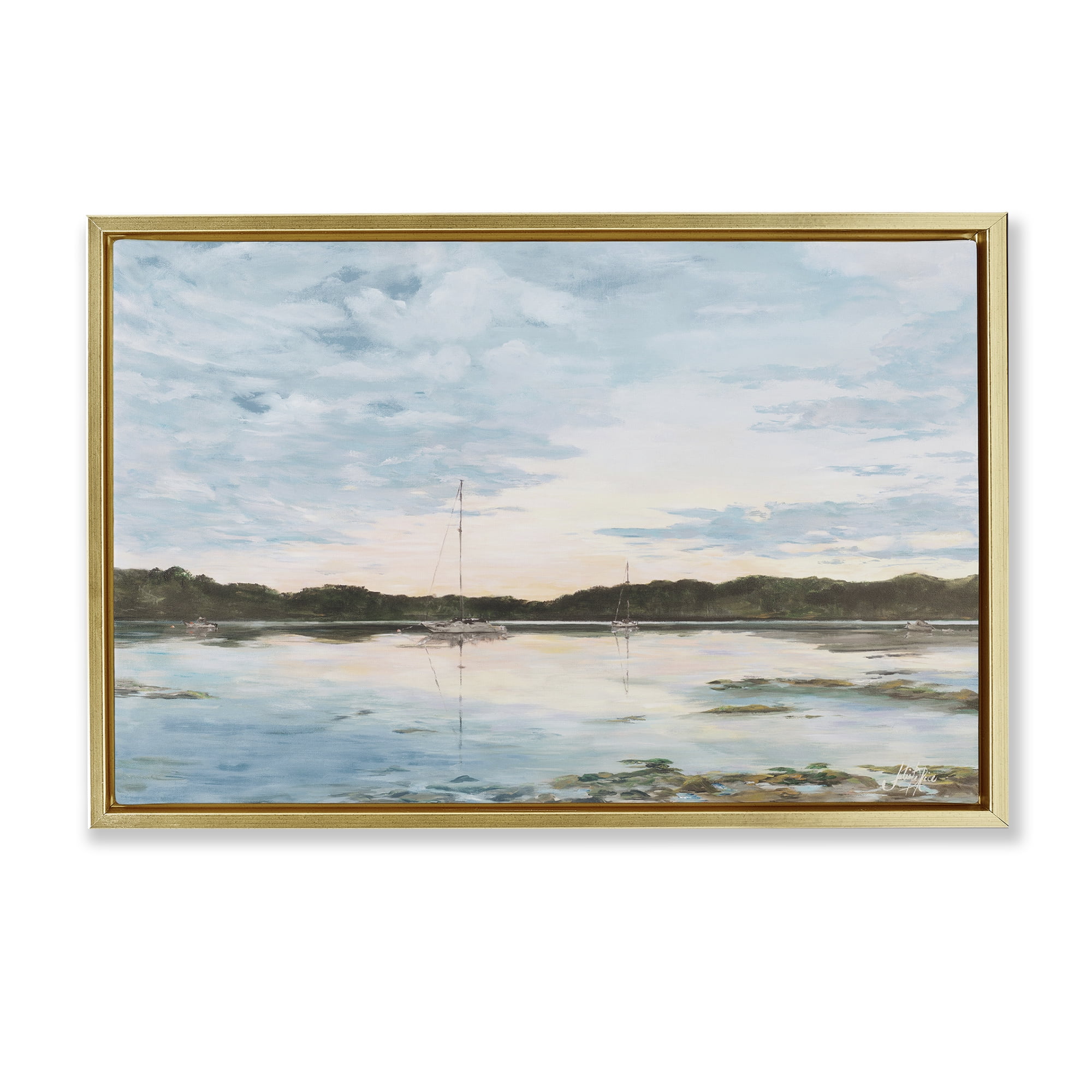 Stupell Industries Quiet Day on Lake Landscape Painting Gold Floater Framed Canvas Art Print Wall Art, 31 x 21