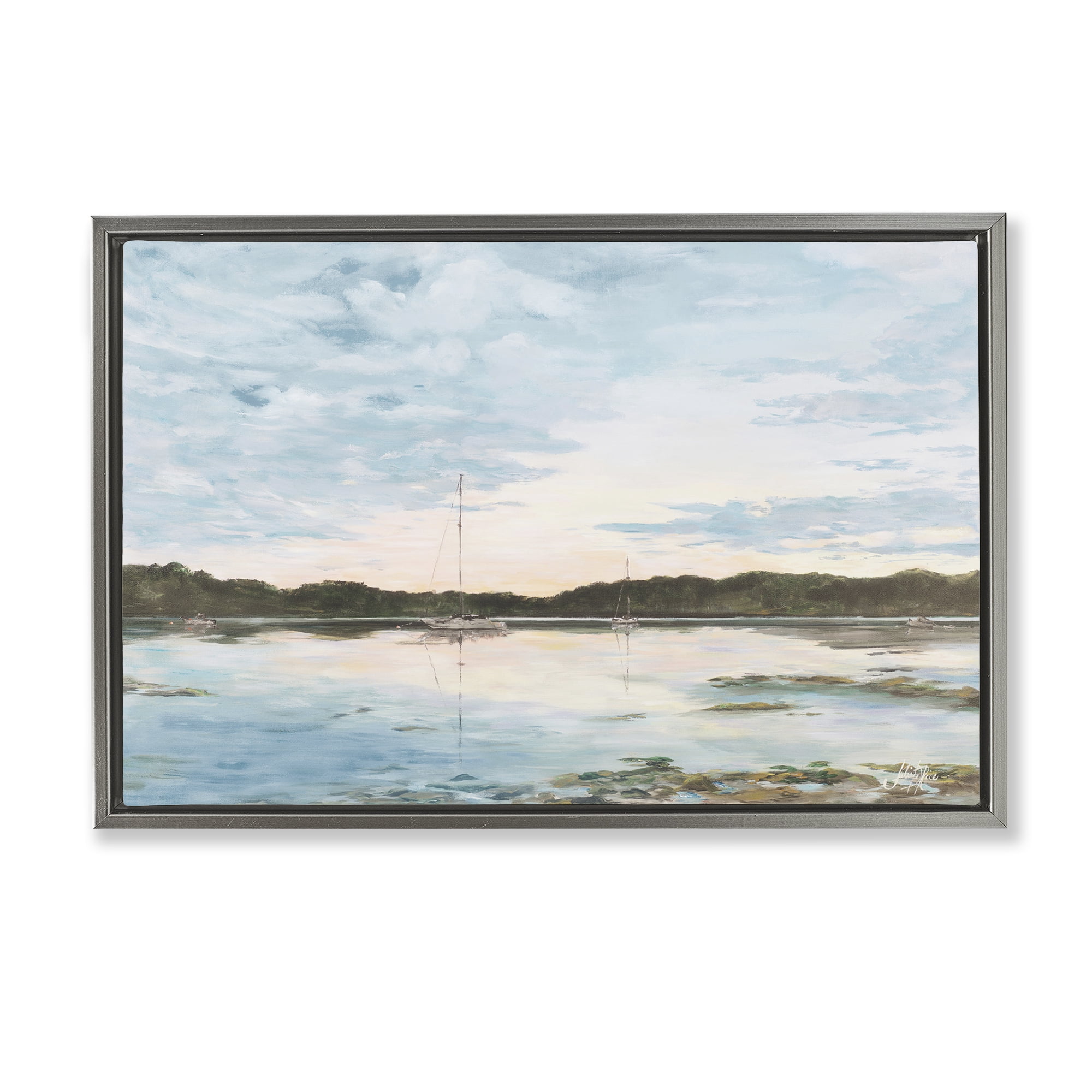 Stupell Industries Quiet Day on Lake Landscape Painting Gray Floater Framed Canvas Art Print Wall Art, 25 x 17