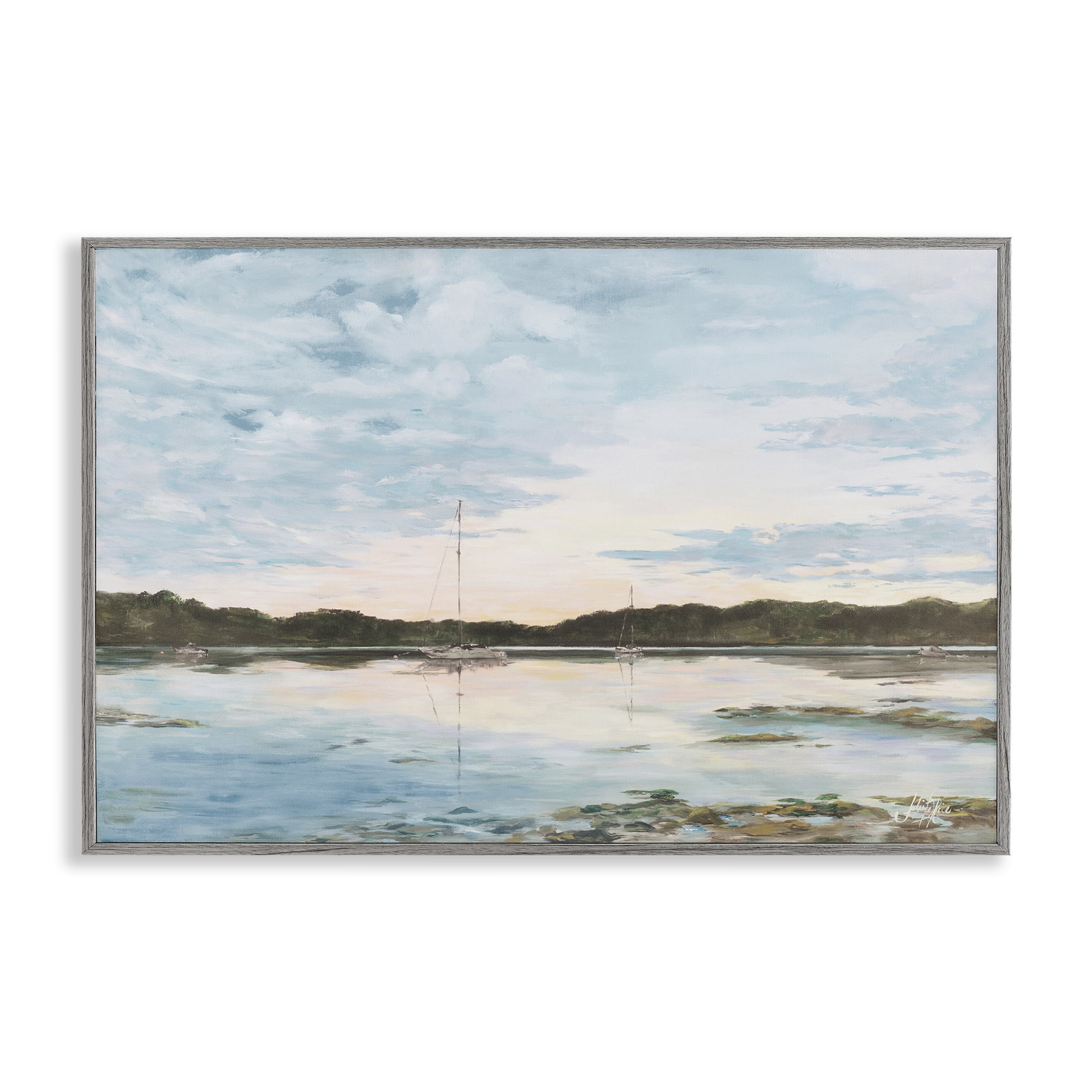 Stupell Industries Quiet Day on Lake Landscape Painting Gray Framed Art Print Wall Art, 24 x 16