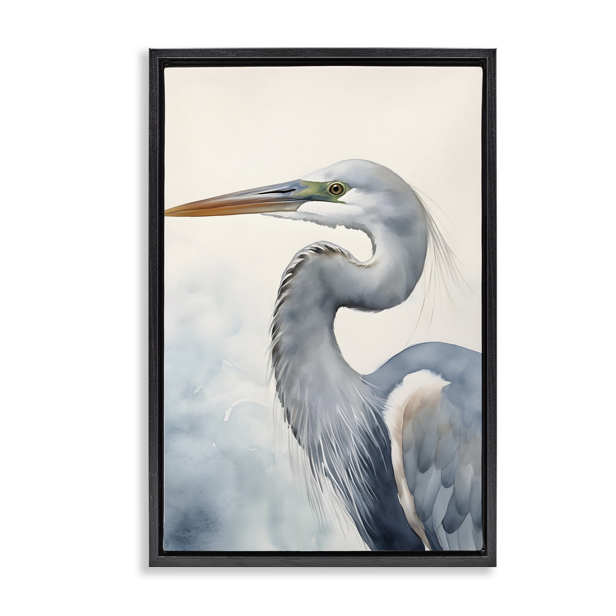 Stupell Industries Quiet Heron Looking Left Animals & Insects Painting Black Floater Framed Canvas Art Print Wall Art, 21 x 31