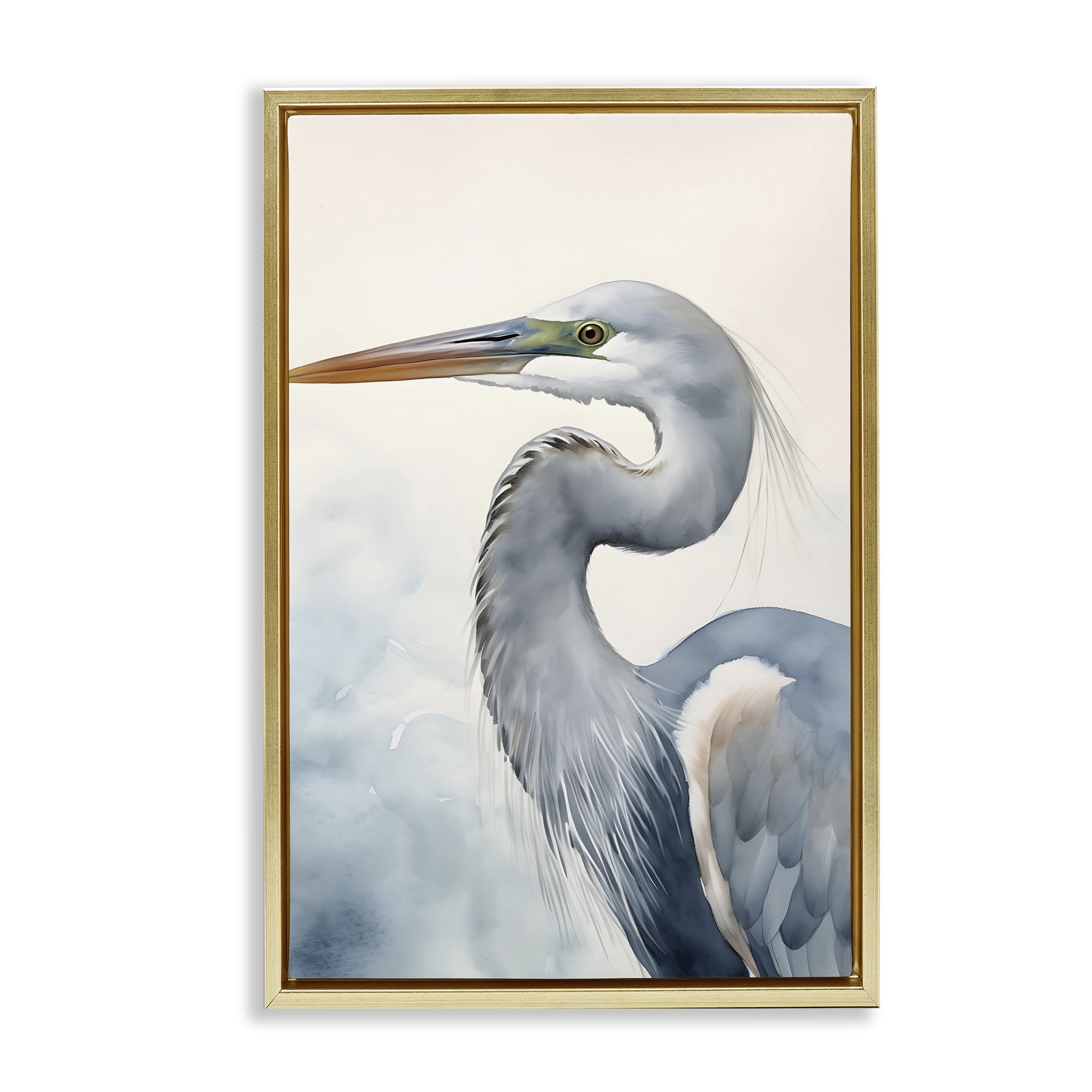 Stupell Industries Quiet Heron Looking Left Animals & Insects Painting Gold Floater Framed Canvas Art Print Wall Art, 21 x 31