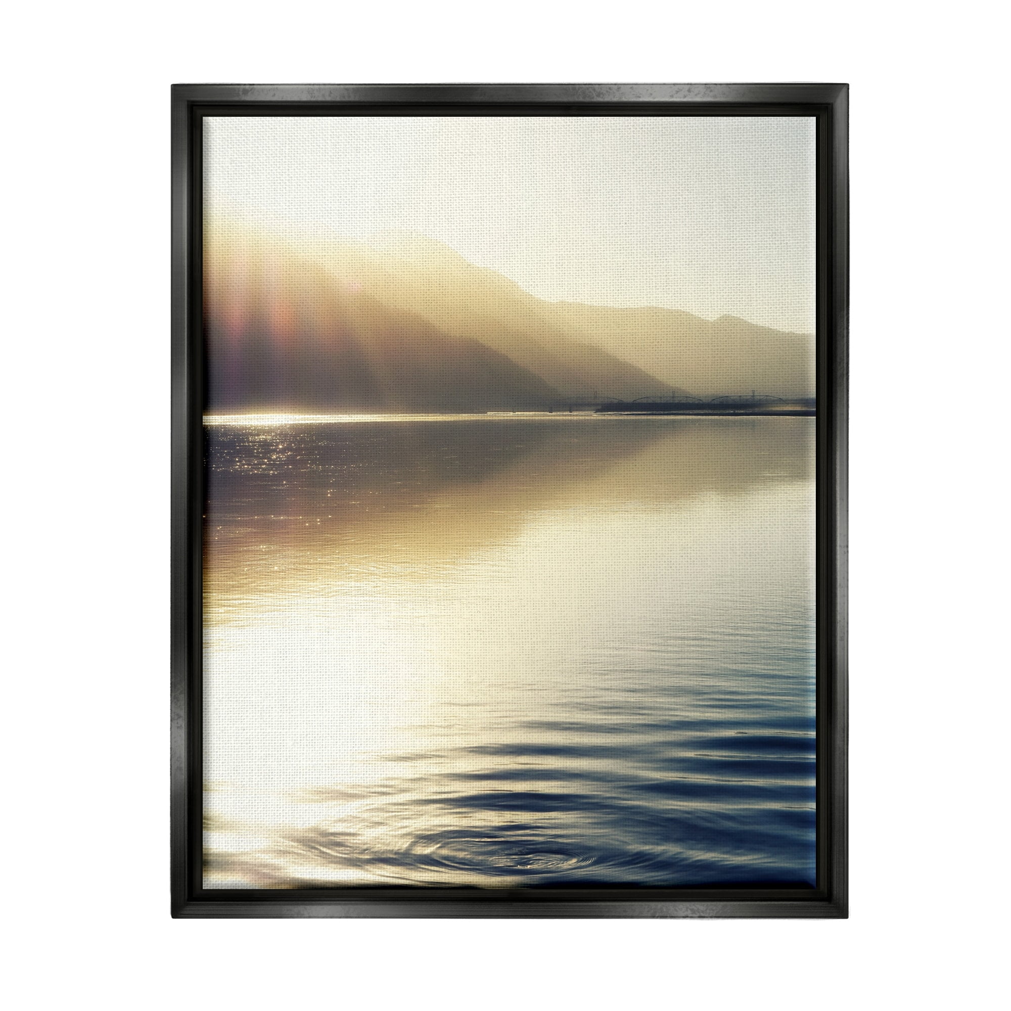 Stupell Industries Quiet Mountain Lake Water Ripples Sunrise Rays Photograph Jet Black Floating Framed Canvas Print Wall Art, Design by Savanah Plank