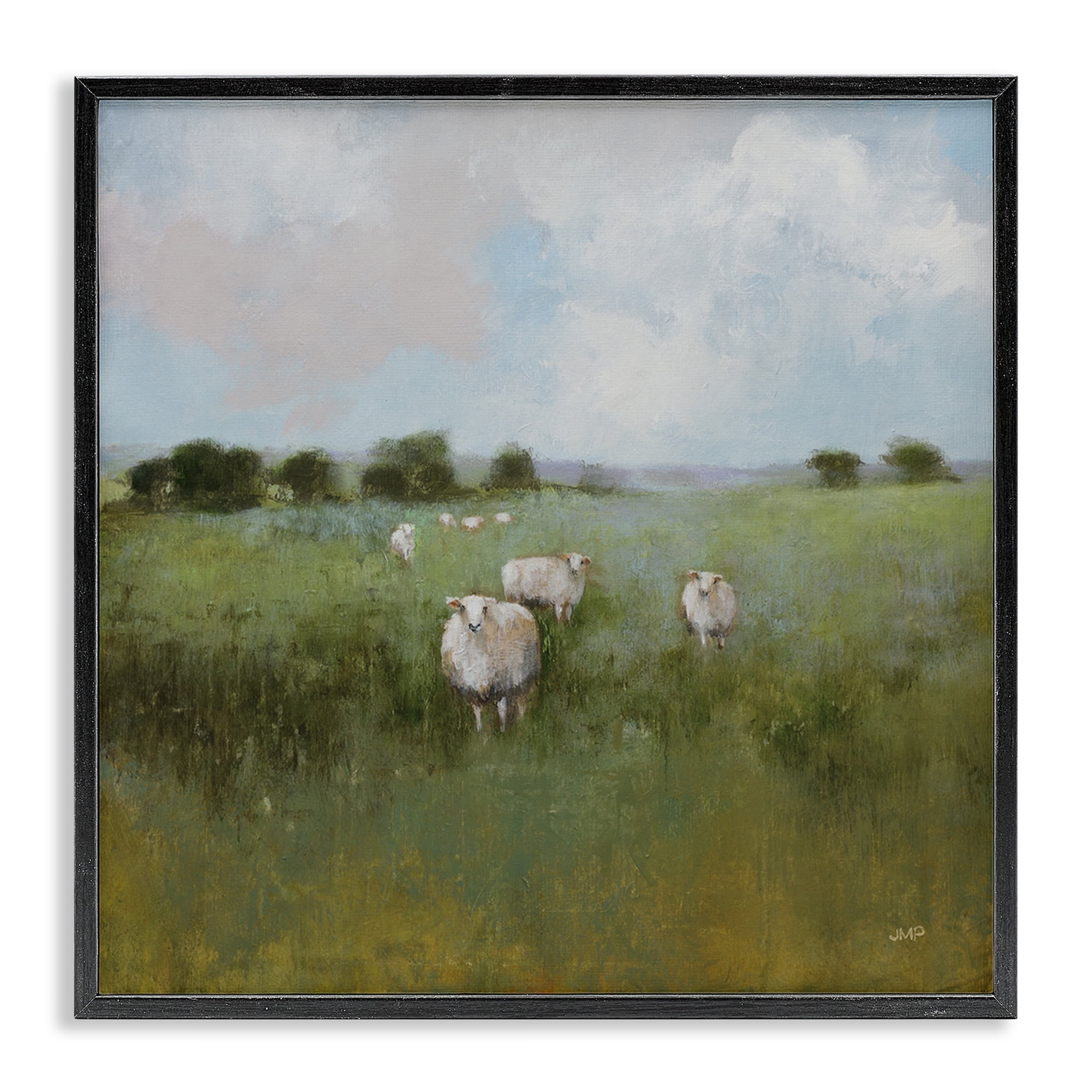Stupell Industries Quiet Pasture with Sheep Landscape & Nature Painting Black Framed Art Print Wall Art, 17 x 17