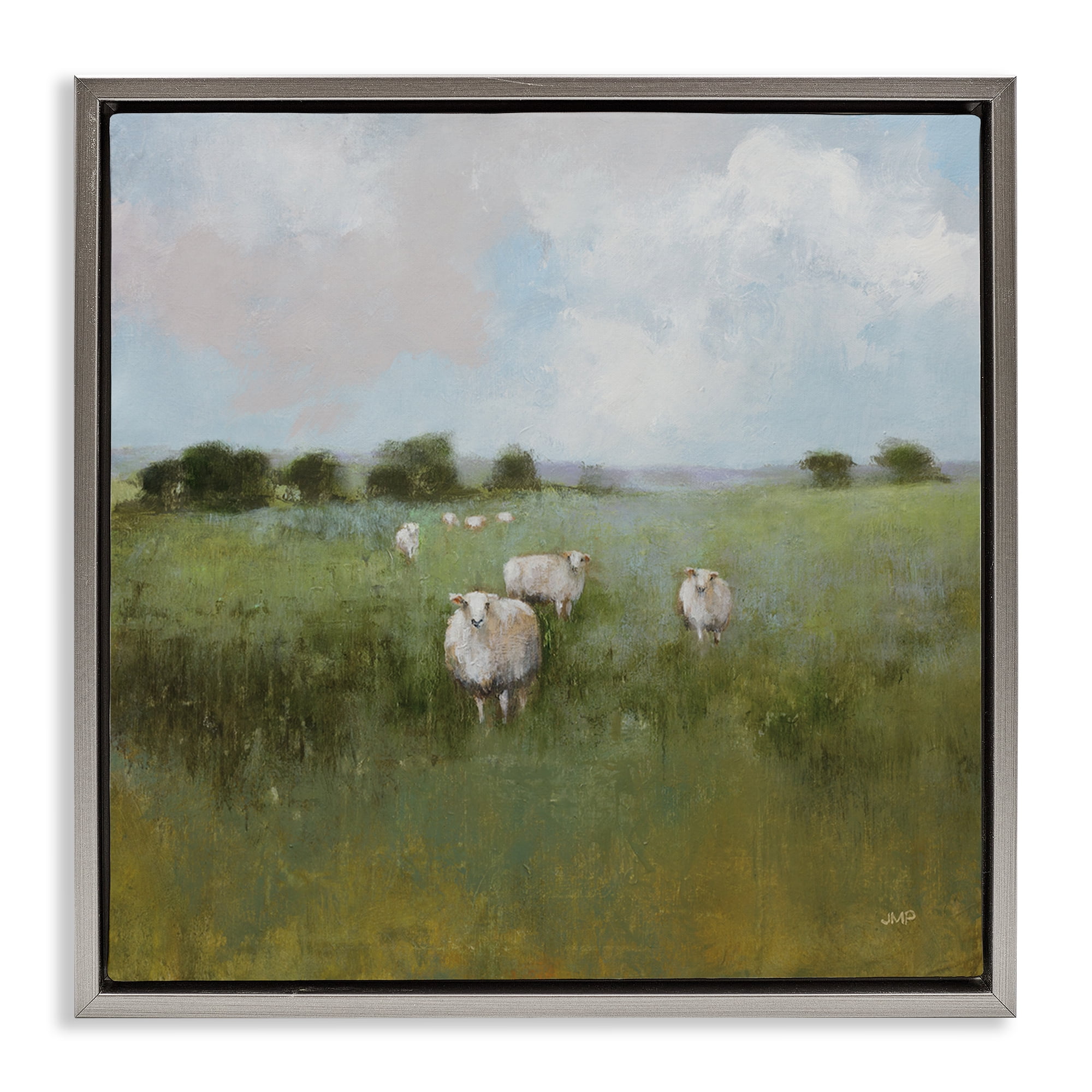 Stupell Industries Quiet Pasture with Sheep Landscape & Nature Painting Gray Floater Framed Canvas Art Print Wall Art, 25 x 25