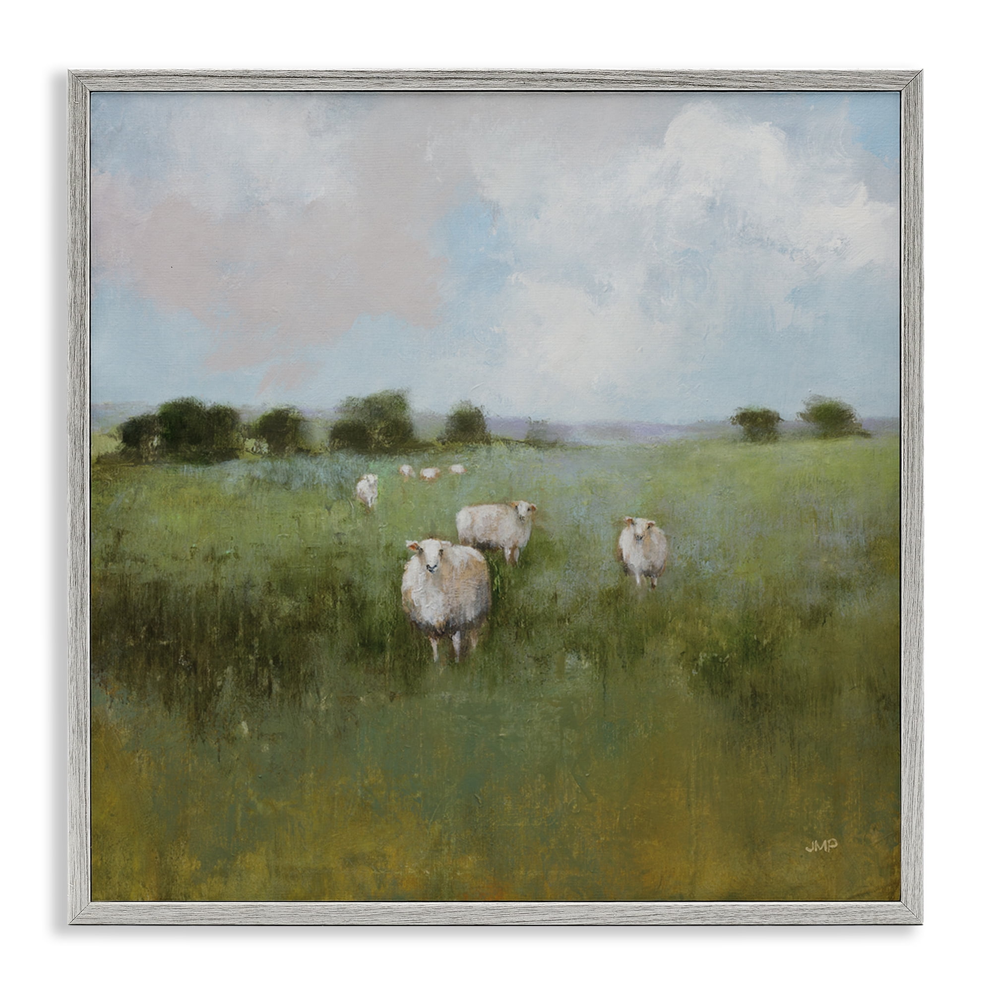 Stupell Industries Quiet Pasture with Sheep Landscape & Nature Painting Gray Framed Art Print Wall Art, 12 x 12