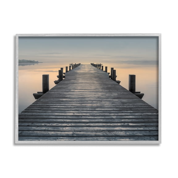 Stupell Industries Quiet Serene Dock Pier Foggy Morning Sunrise Scenery Photography Gray Framed Art Print Wall Art, 30x24, by Mike Calascibetta