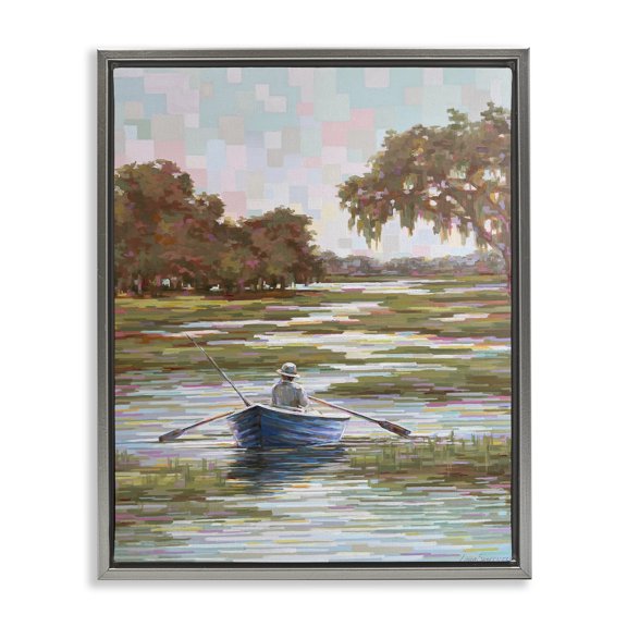 Stupell Industries Quiet Time on the River Landscape & Nature Painting Gray Floater Framed Canvas Art Print Wall Art, 17 x 21