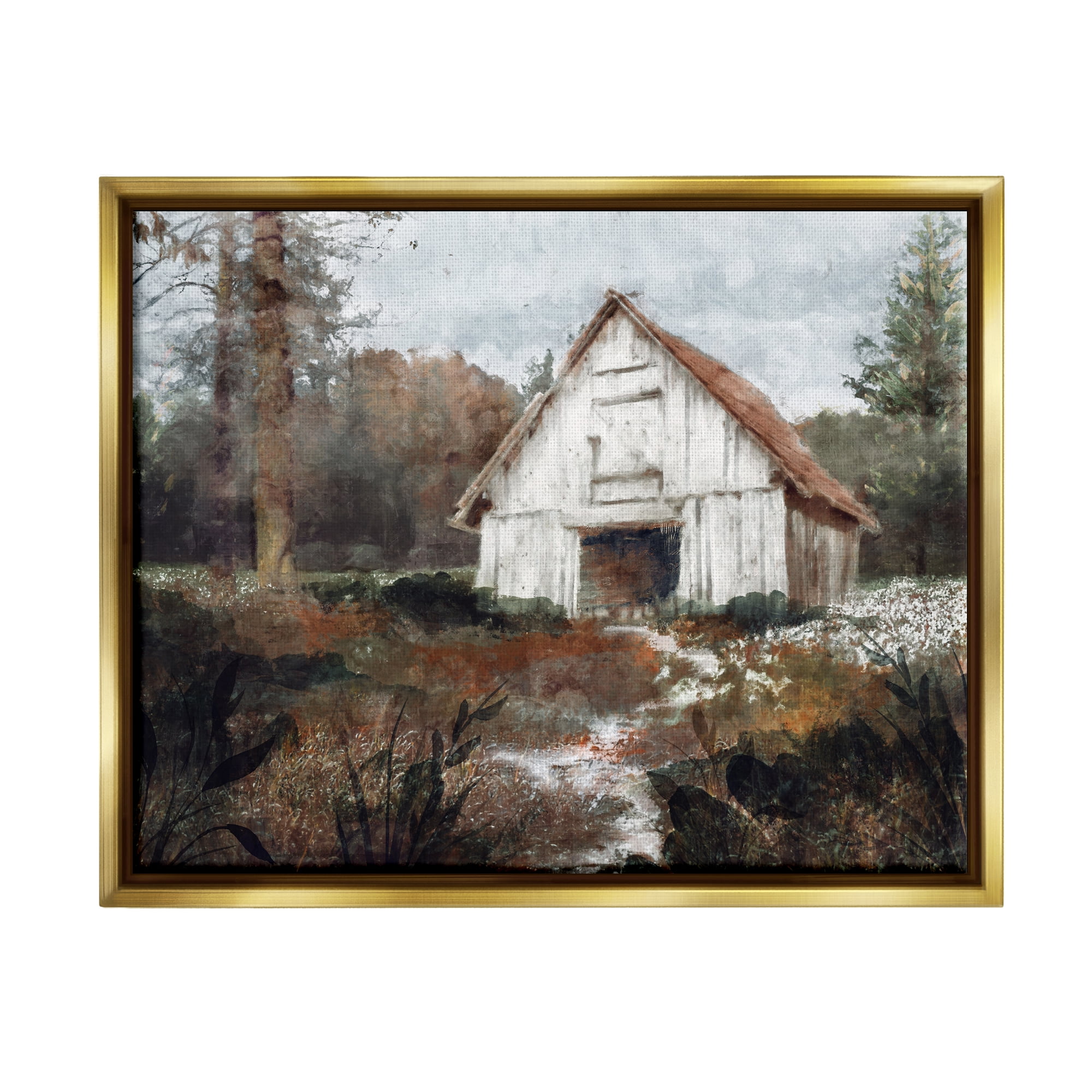 Stupell Industries Quiet Woodland Cabin Landscape Landscape Painting Gold Floater Framed Art Print Wall Art