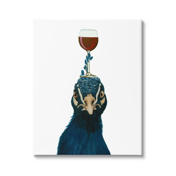 Stupell Industries Quirky Blue Peacock Balancing Wine Glass On Head Paintings Gallery-Wrapped Canvas Print Wall Art, 16x20, by Coco de Paris