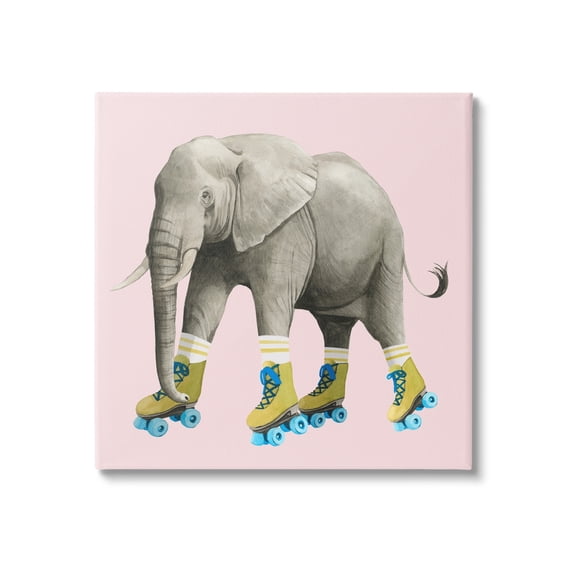 Stupell Industries Quirky Elephant Roller Skating Retro Pink Background , 24 x 24, Design by Grace Popp