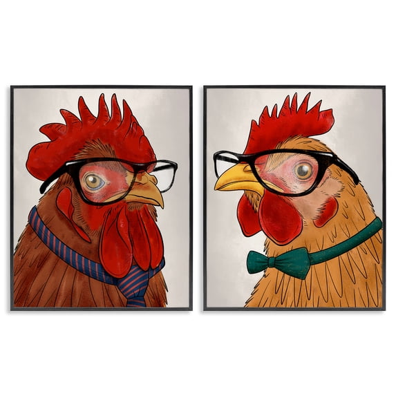 Stupell Industries Quirky Hipster Roosters Animals Painting Black Framed Art Print Wall Art, 11 x 14, Set of 2