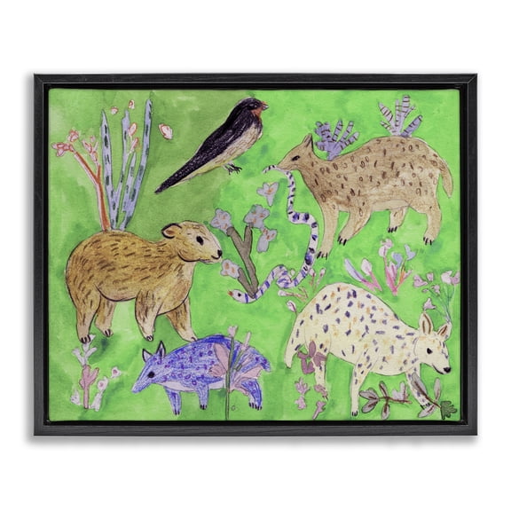 Stupell Industries Quirky Meadow Animals Black Framed Floater Canvas Wall Art design by Melissa Wang, 17 x 21