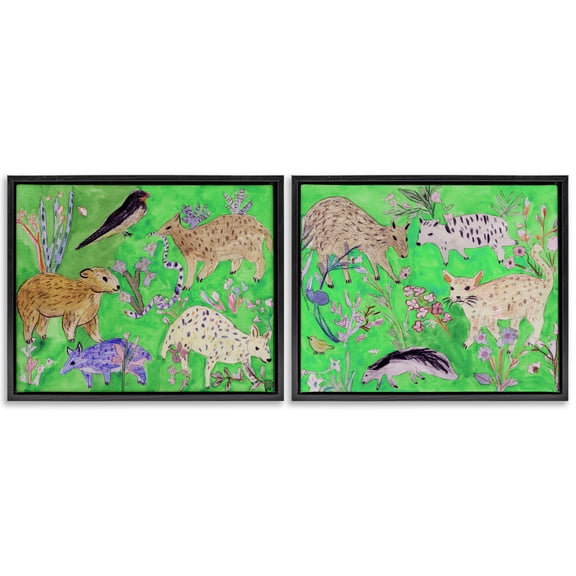 Stupell Industries Quirky Meadow Menagerie Animals 2 Piece Black Framed Floater Canvas Set design by Melissa Wang, 25 x 31