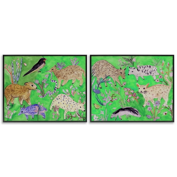 Stupell Industries Quirky Meadow Menagerie Animals 2 Piece Black Framed Giclee Art Set design by Melissa Wang, 11 x 14