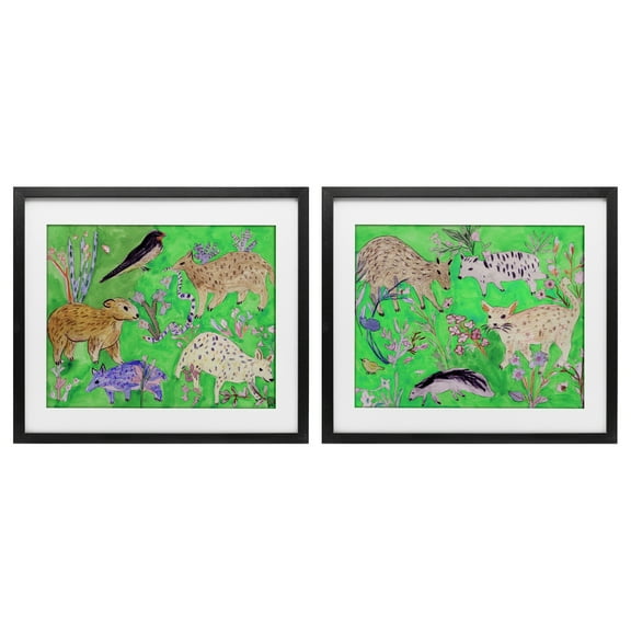 Stupell Industries Quirky Meadow Menagerie Animals 2 Piece Black Framed Print Under Glass Set design by Melissa Wang, 13 x 16