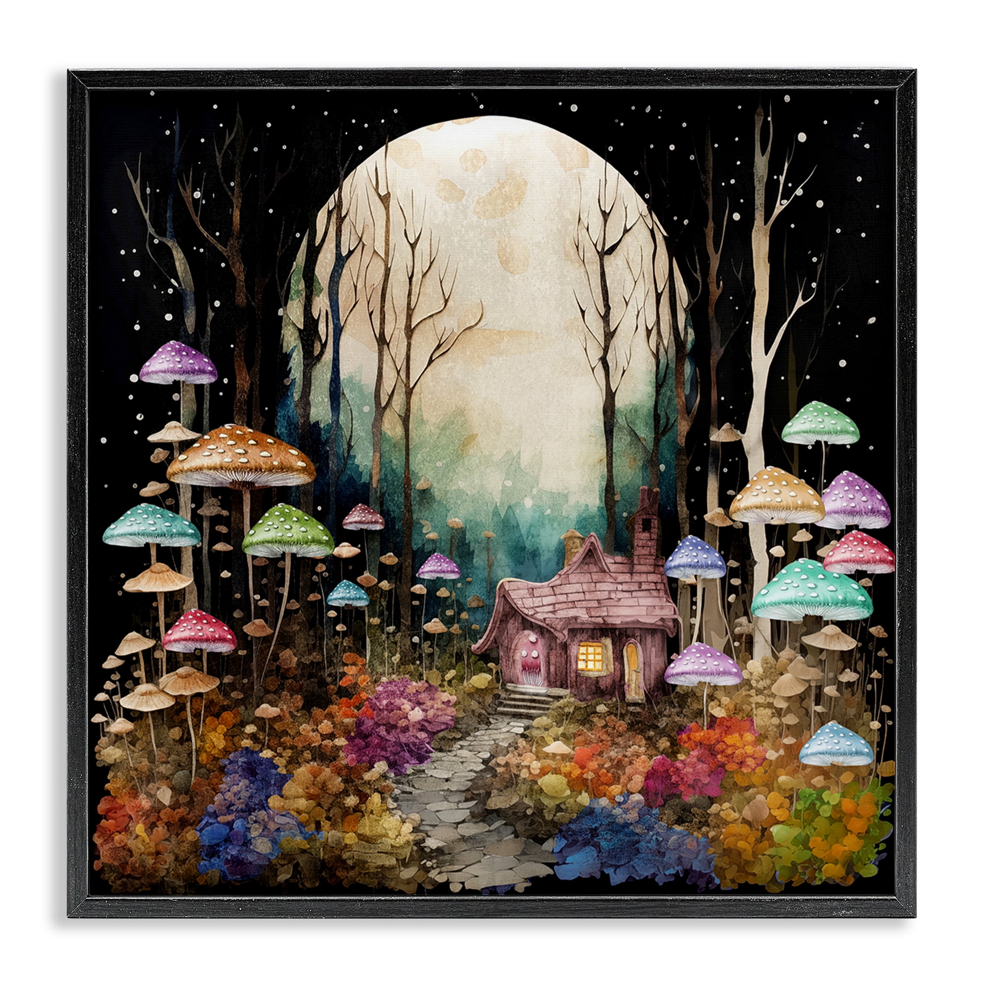 Stupell Industries Quirky Mushroom Forest Landscape & Nature Painting Black Framed Art Print Wall Art, 17 x 17