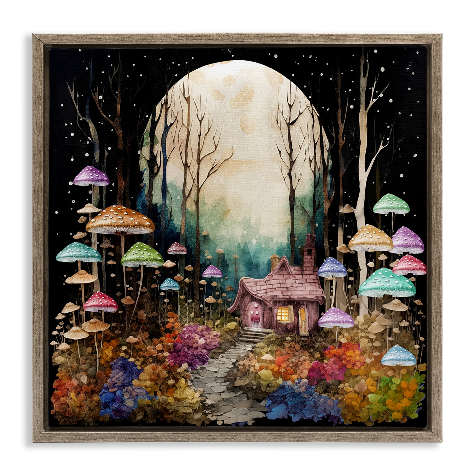 Stupell Industries Quirky Mushroom Forest Landscape & Nature Painting Brown Floater Framed Canvas Art Print Wall Art, 25 x 25