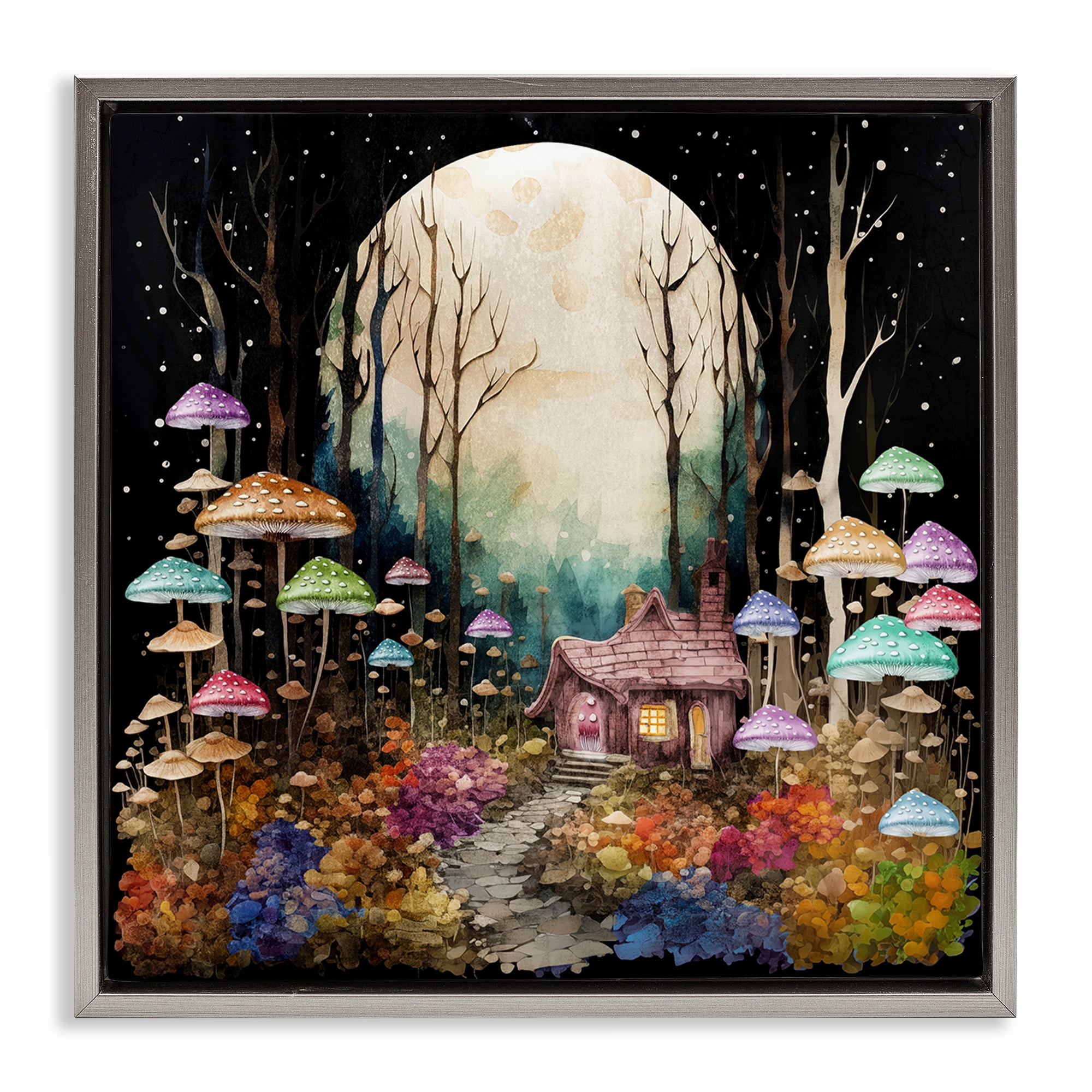 Stupell Industries Quirky Mushroom Forest Landscape & Nature Painting Gray Floater Framed Canvas Art Print Wall Art, 25 x 25