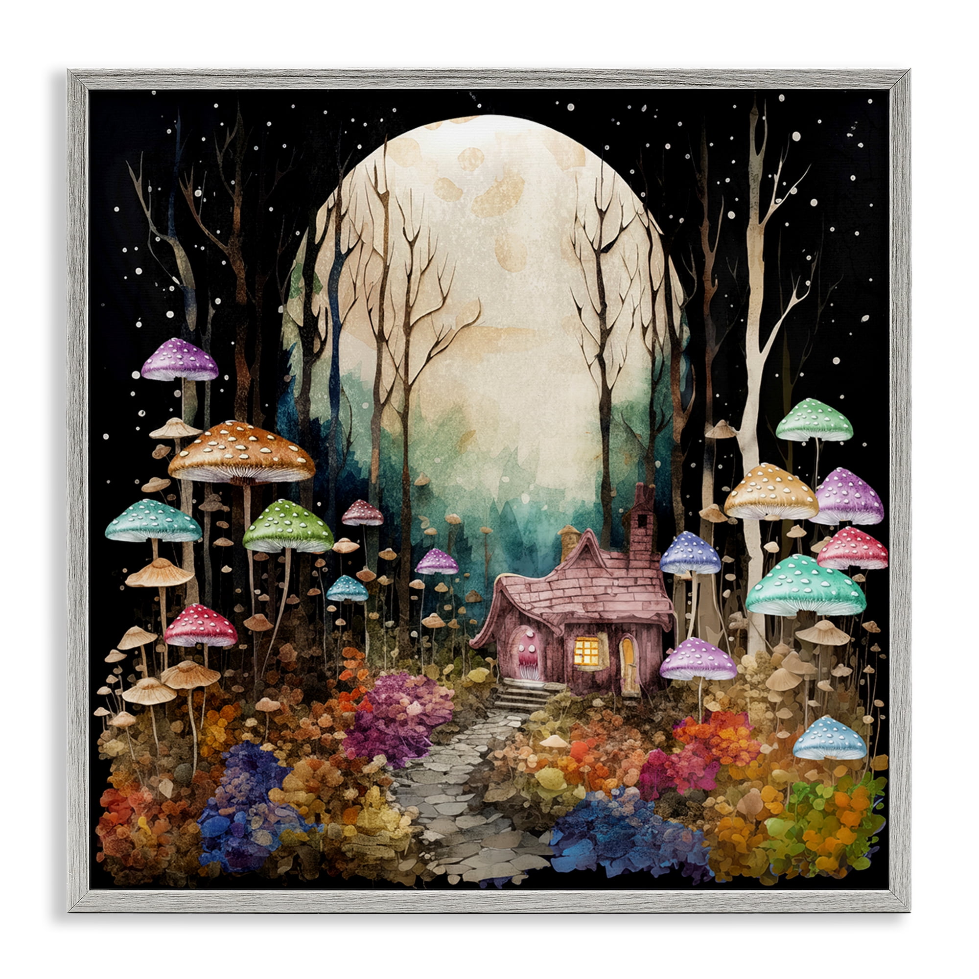 Stupell Industries Quirky Mushroom Forest Landscape & Nature Painting Gray Framed Art Print Wall Art, 12 x 12