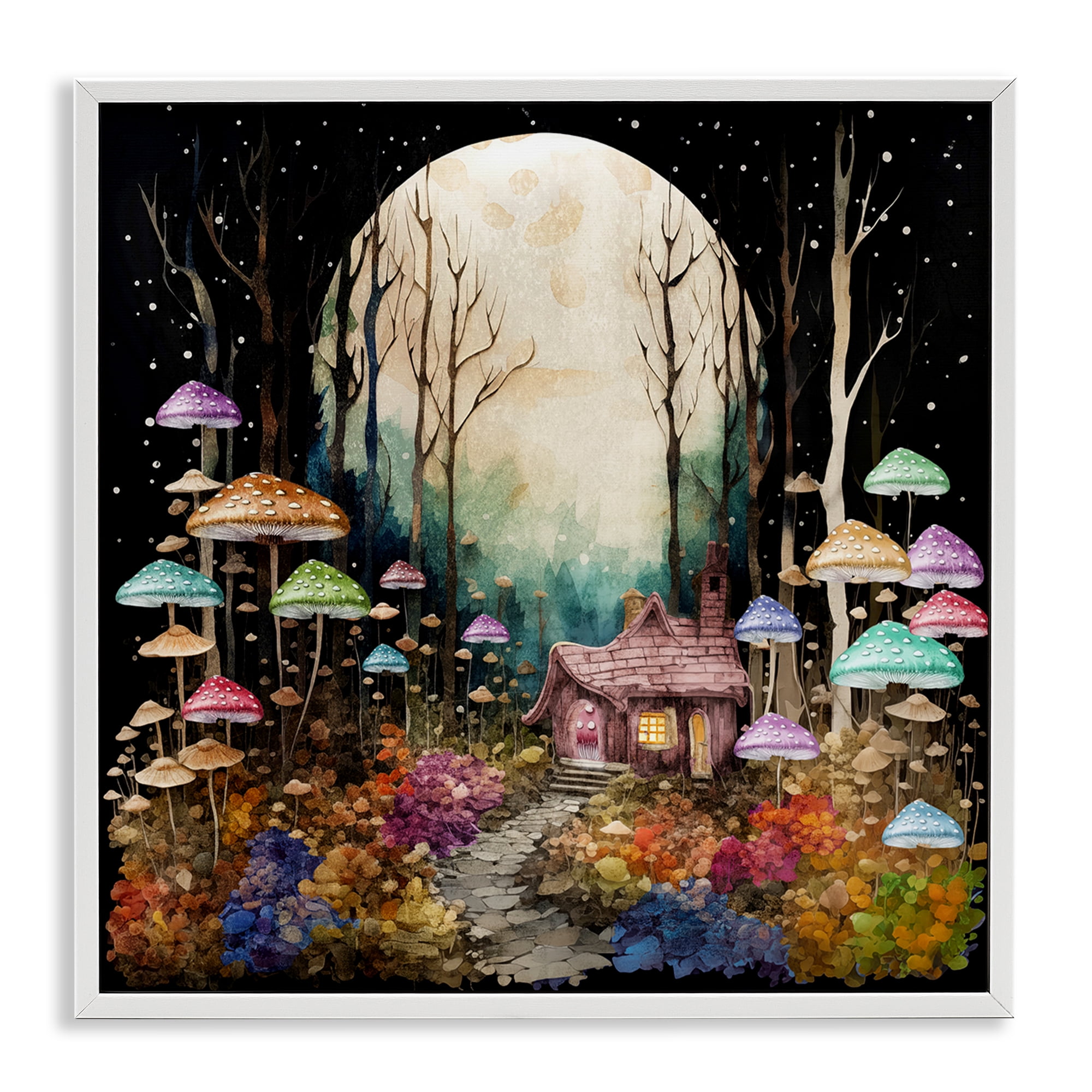 Stupell Industries Quirky Mushroom Forest Landscape & Nature Painting White Framed Art Print Wall Art, 24 x 24