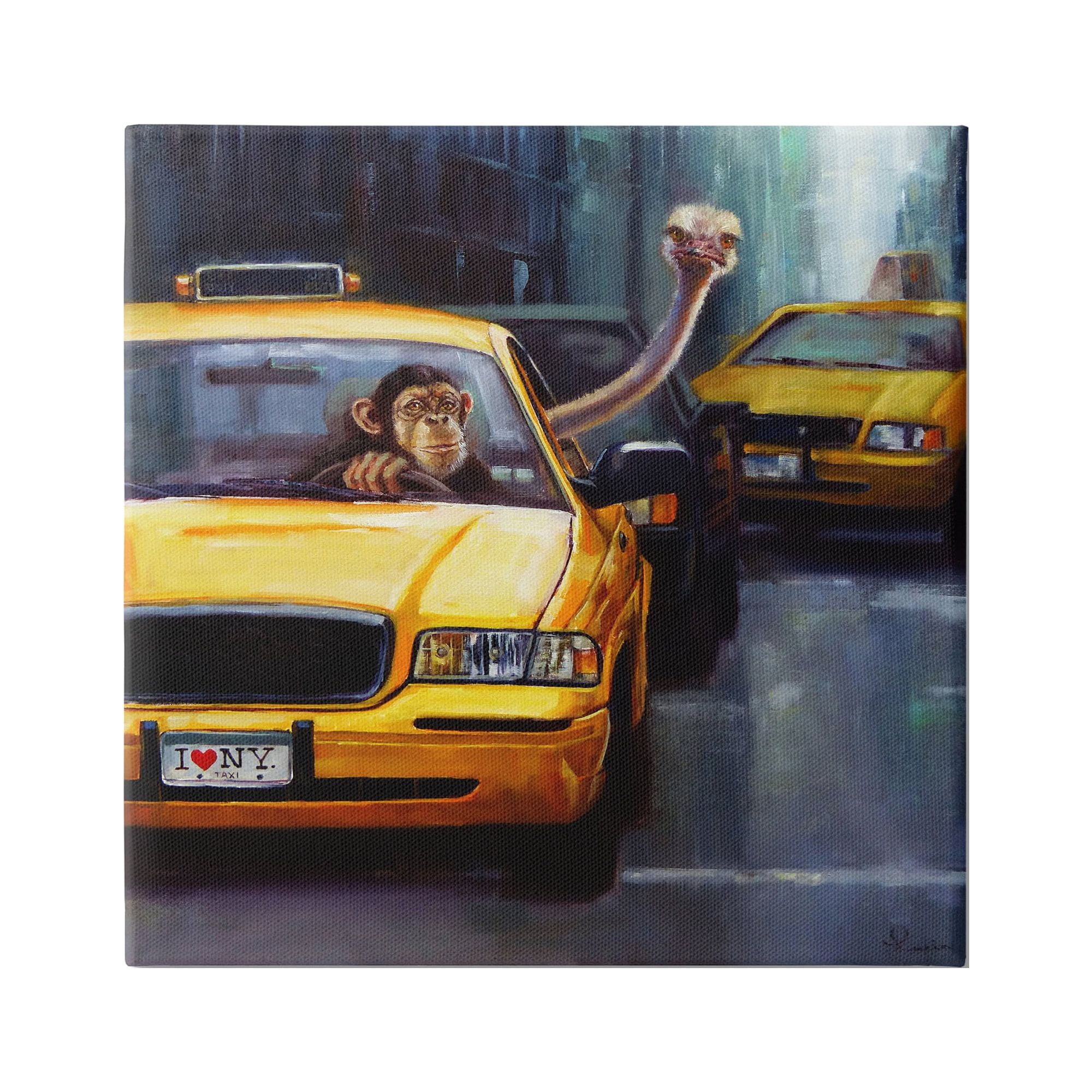 Stupell Industries Quirky Ostrich Monkey Taxi New York Traffic Canvas Wall Art, 17 x 17, Design by Lucia Heffernan