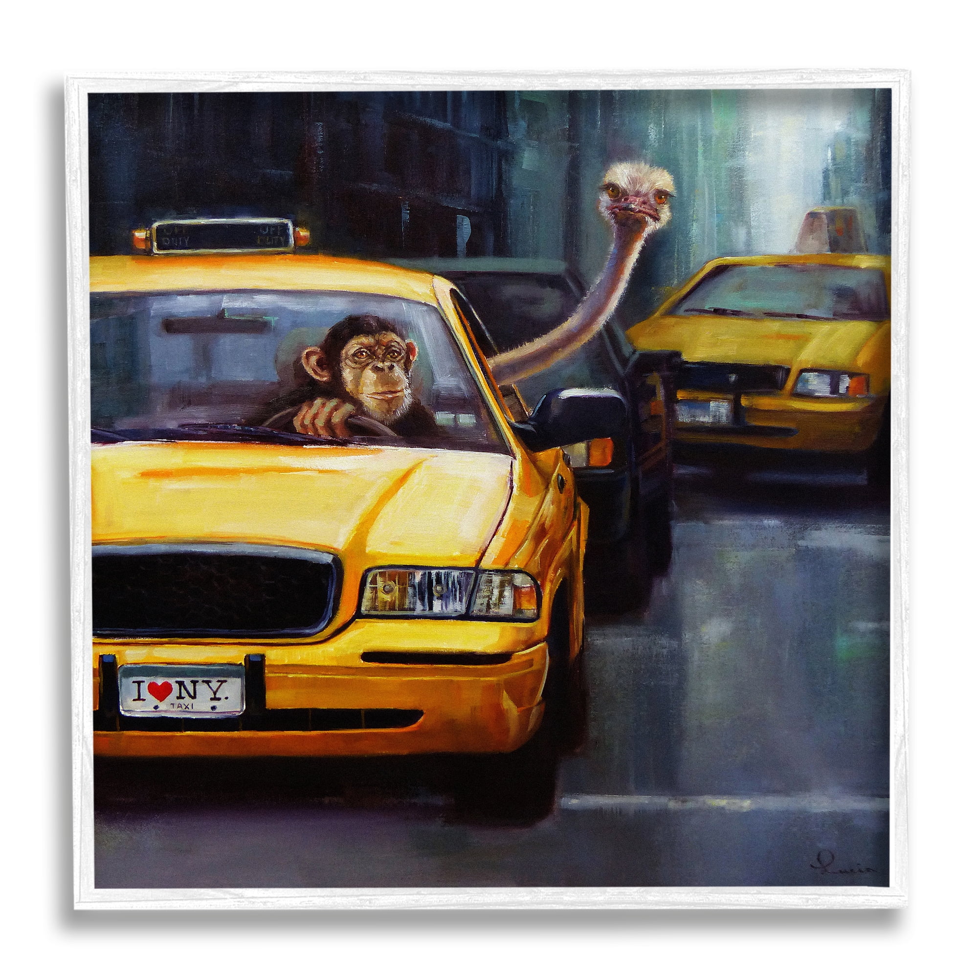 Stupell Industries Quirky Ostrich Monkey Taxi New York Traffic Framed Wall Art, 12 x 12, Design by Lucia Heffernan